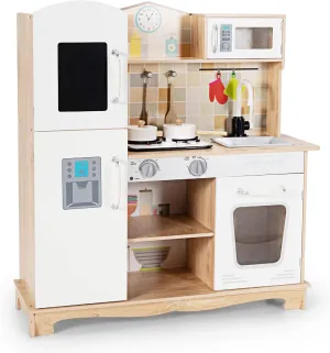 MAT EXPERT Play Kitchen, Wooden Toddlers Cooking Set w/Light & Sound, Microwave, Ice Maker, Faucet, Sink, Stove, Oven & Cookware, Little Chef Pretend Play Toy, Kids Kitchen Playset for Boy Girl 3 
