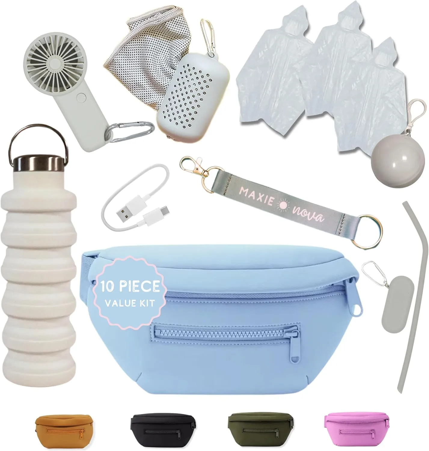 Maxie & Nova Theme Park Essentials Fanny Pack for Women -10 Pieces, Cruise Ship Essentials including USB Fan, Collapsible Water Bottle, Disposable Ponchos, Cooling Towel, Silicone Straw - (Sky Blue)
