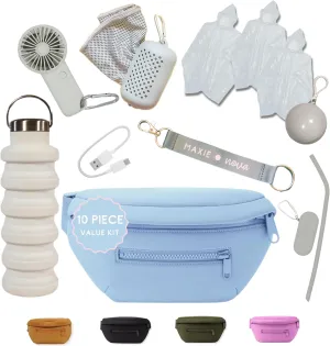 Maxie & Nova Theme Park Essentials Fanny Pack for Women -10 Pieces, Cruise Ship Essentials including USB Fan, Collapsible Water Bottle, Disposable Ponchos, Cooling Towel, Silicone Straw - (Sky Blue)