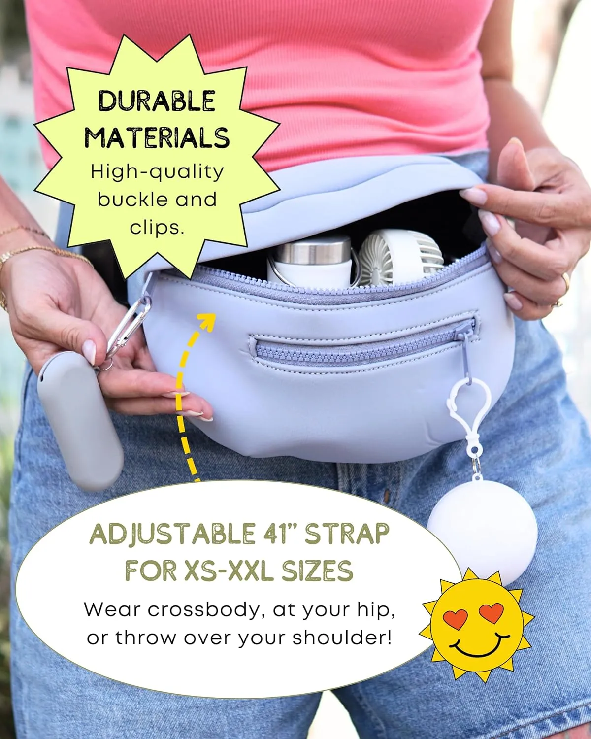 Maxie & Nova Theme Park Essentials Fanny Pack for Women -10 Pieces, Cruise Ship Essentials including USB Fan, Collapsible Water Bottle, Disposable Ponchos, Cooling Towel, Silicone Straw - (Sky Blue)