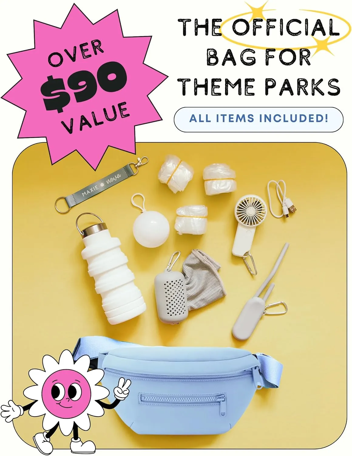 Maxie & Nova Theme Park Essentials Fanny Pack for Women -10 Pieces, Cruise Ship Essentials including USB Fan, Collapsible Water Bottle, Disposable Ponchos, Cooling Towel, Silicone Straw - (Sky Blue)