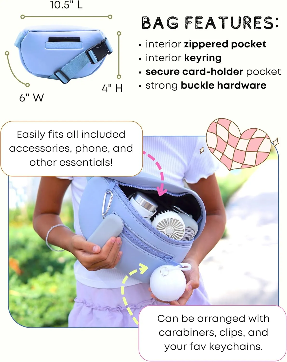 Maxie & Nova Theme Park Essentials Fanny Pack for Women -10 Pieces, Cruise Ship Essentials including USB Fan, Collapsible Water Bottle, Disposable Ponchos, Cooling Towel, Silicone Straw - (Sky Blue)