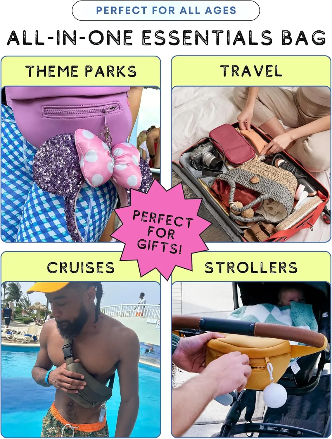 Maxie & Nova Theme Park Essentials Fanny Pack for Women -10 Pieces, Cruise Ship Essentials including USB Fan, Collapsible Water Bottle, Disposable Ponchos, Cooling Towel, Silicone Straw - (Sky Blue)