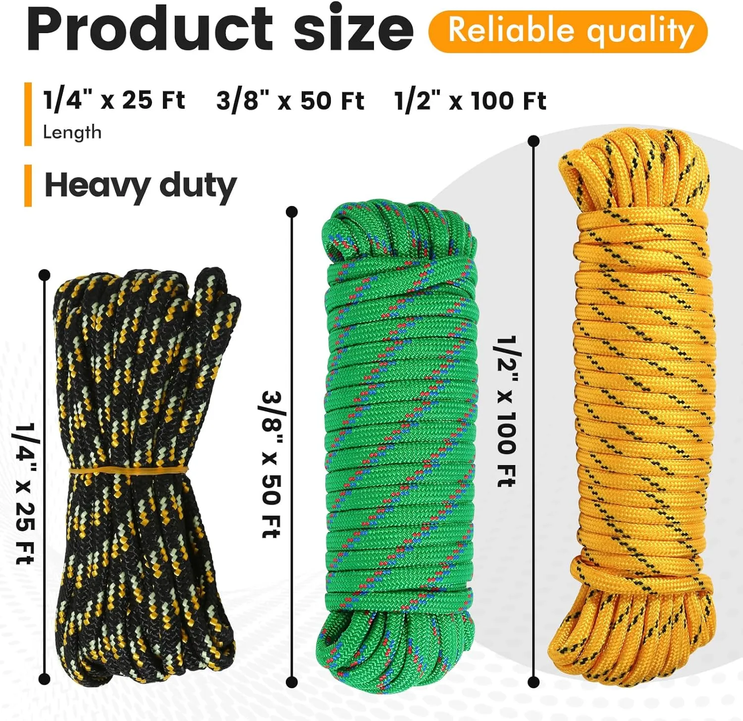 MaxxHaul 50229 3-Pack of 1/4" x 25' 3/8" x 50' 1/2" x 100' Diamond Braided Rope Extra Strength-Sunlight and Weather Resistant, Multicolor
