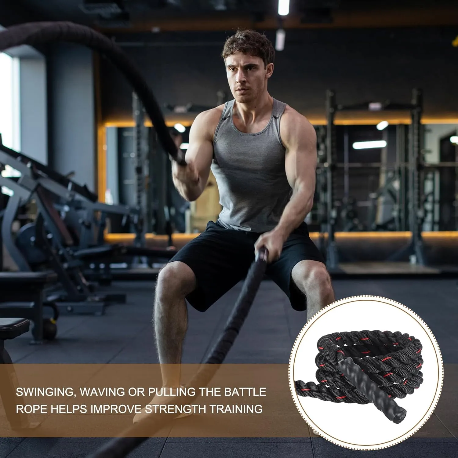 MECCANIXITY Battle Rope 10ft x 1.5 Inch Polyester Workout Rope Heavy Fitness Exercise Rope for Strength Training Home Gym Muscle Building, Black Red