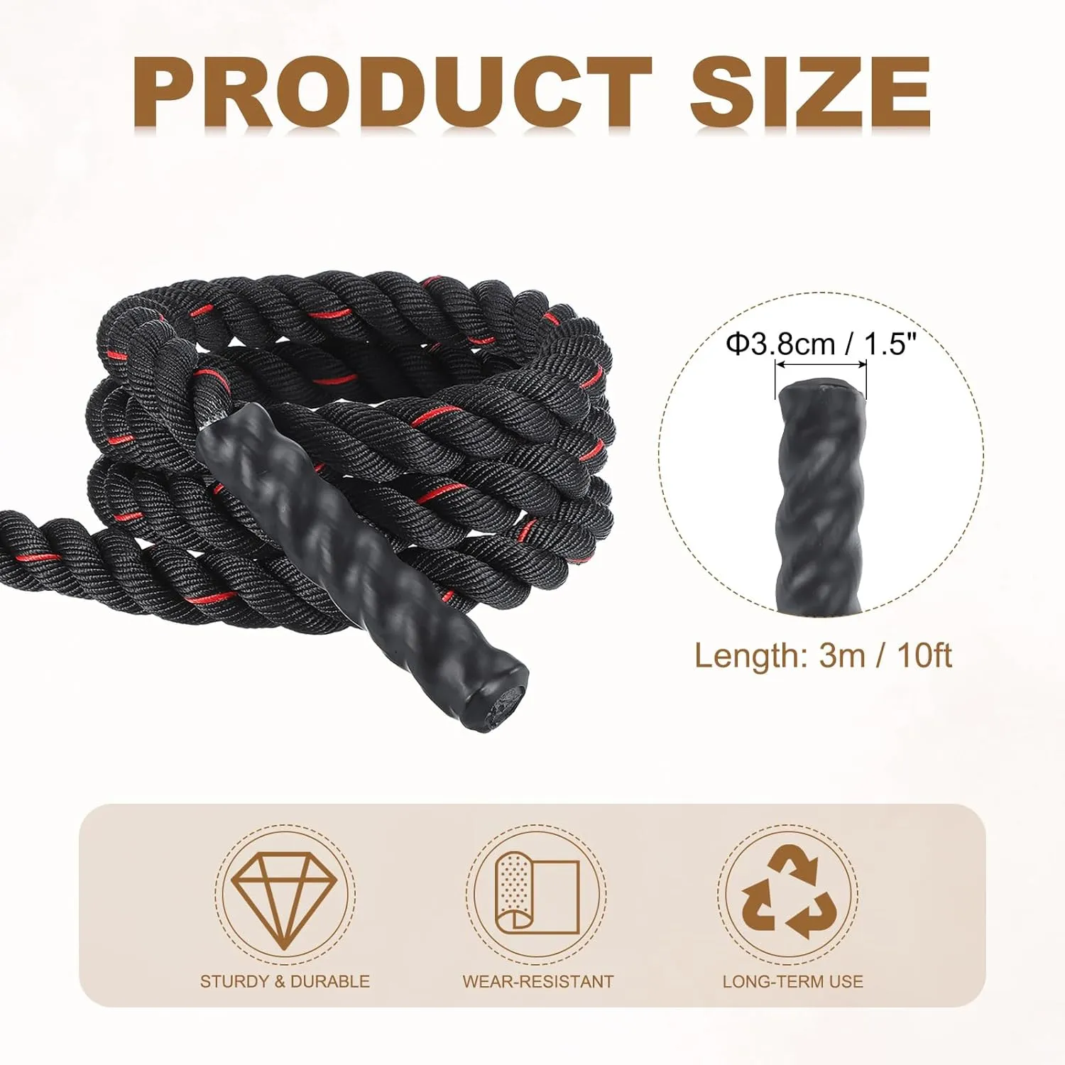 MECCANIXITY Battle Rope 10ft x 1.5 Inch Polyester Workout Rope Heavy Fitness Exercise Rope for Strength Training Home Gym Muscle Building, Black Red