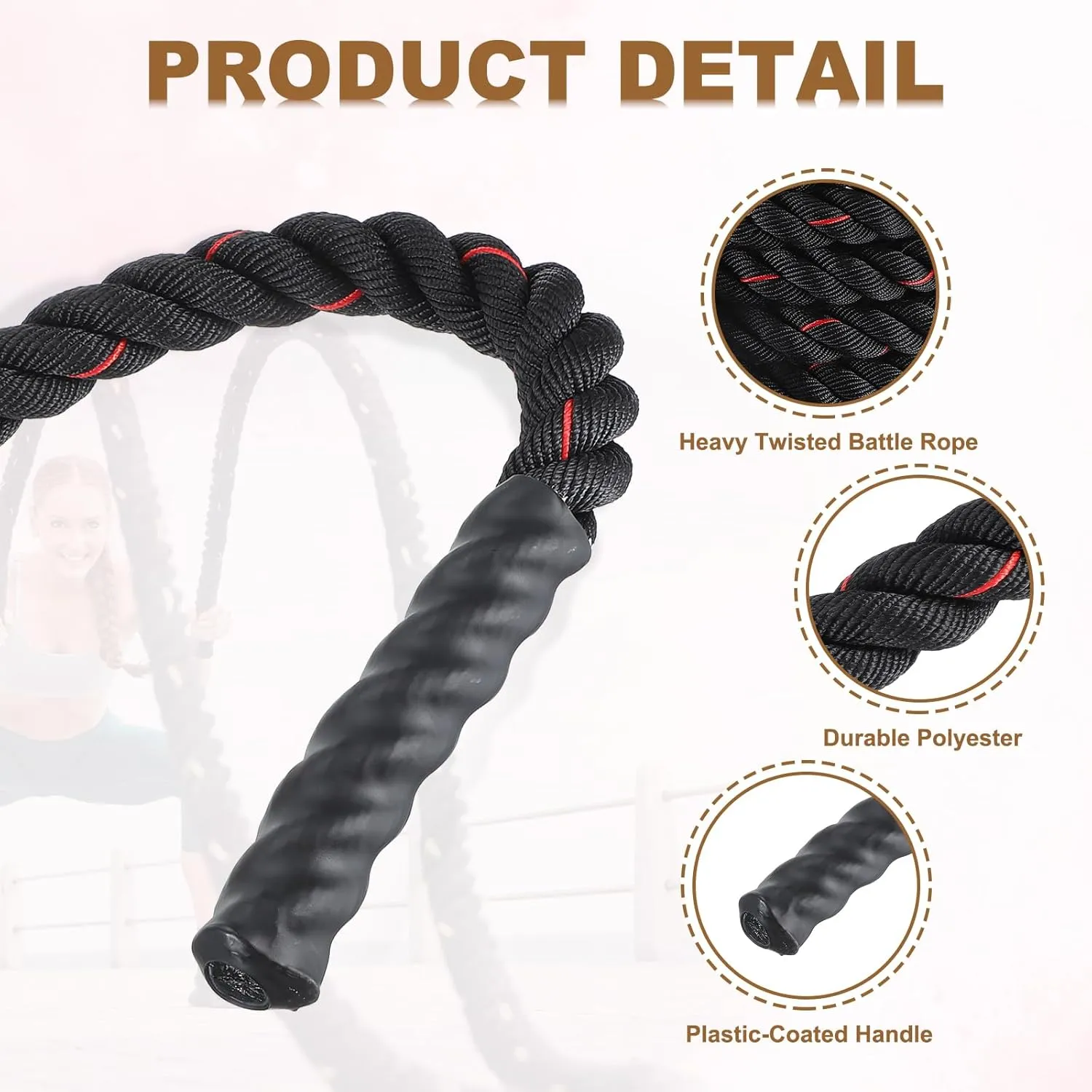 MECCANIXITY Battle Rope 10ft x 1.5 Inch Polyester Workout Rope Heavy Fitness Exercise Rope for Strength Training Home Gym Muscle Building, Black Red