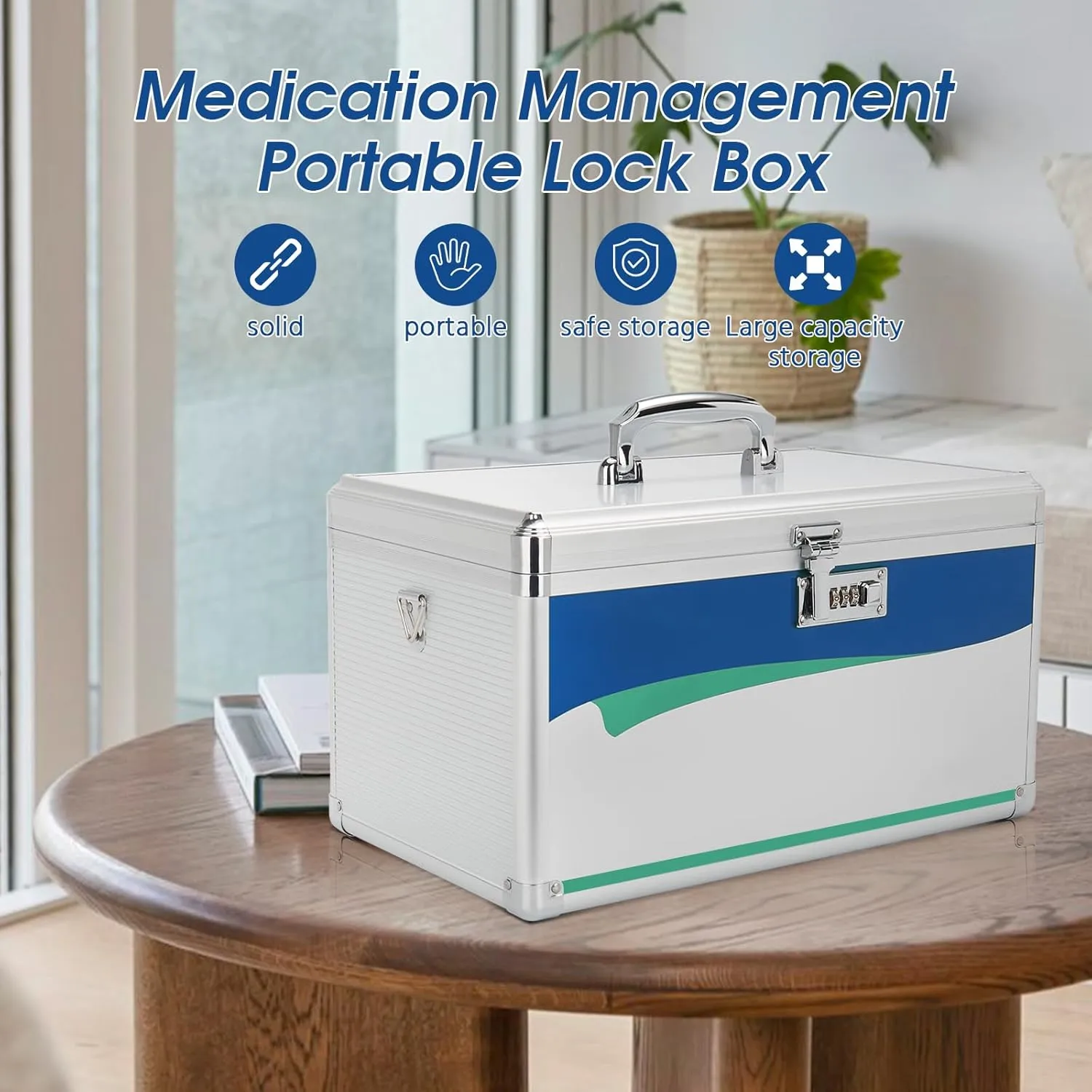 Medicine Lock Box with Combination Lock - 13.4 x 7.6 x 8.2 Inches - First Aid Safe Medication Storage Box, Medications and Personal Items, Safe Boxes for Home and Outdoor - Silver