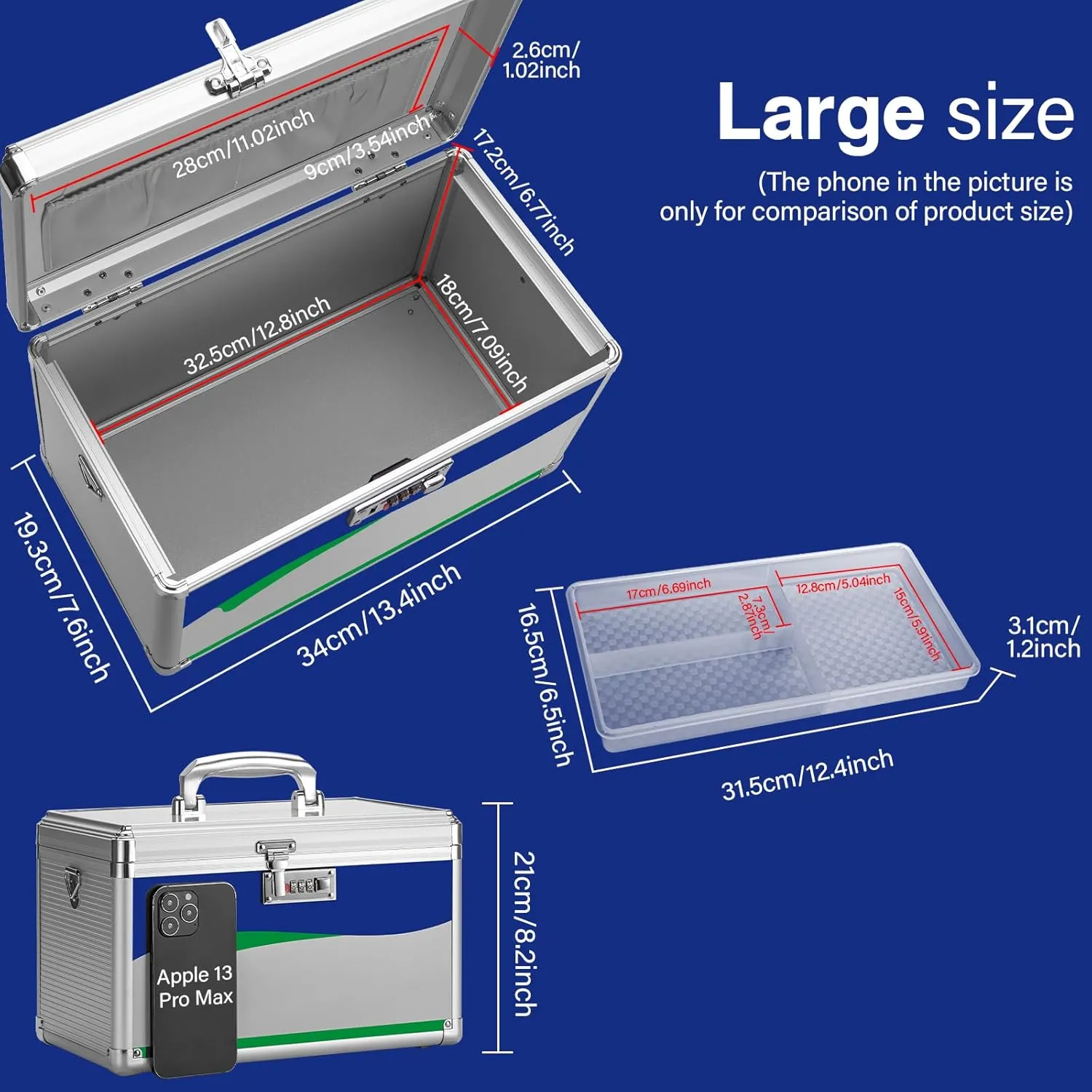 Medicine Lock Box with Combination Lock - 13.4 x 7.6 x 8.2 Inches - First Aid Safe Medication Storage Box, Medications and Personal Items, Safe Boxes for Home and Outdoor - Silver