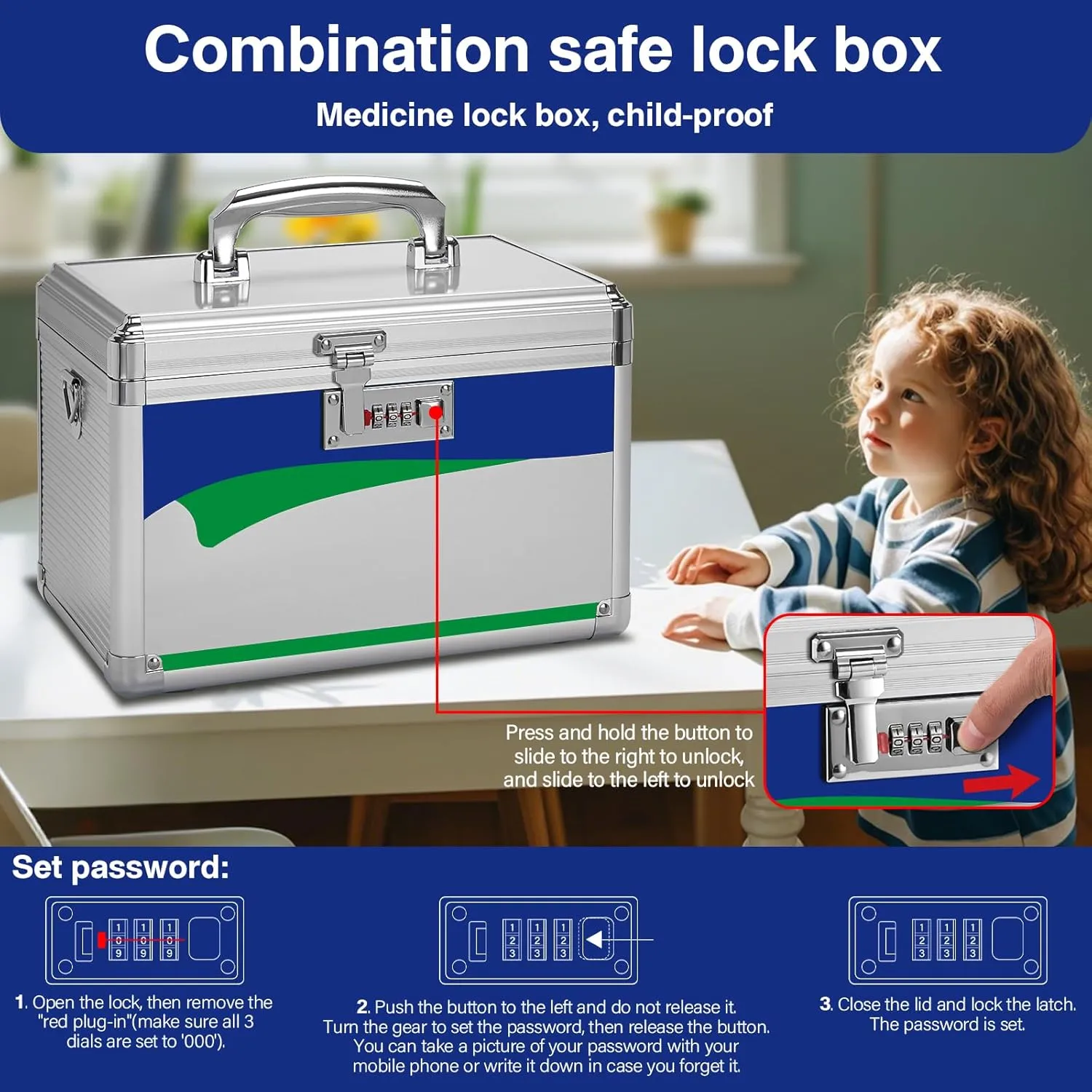 Medicine Lock Box with Combination Lock - 13.4 x 7.6 x 8.2 Inches - First Aid Safe Medication Storage Box, Medications and Personal Items, Safe Boxes for Home and Outdoor - Silver