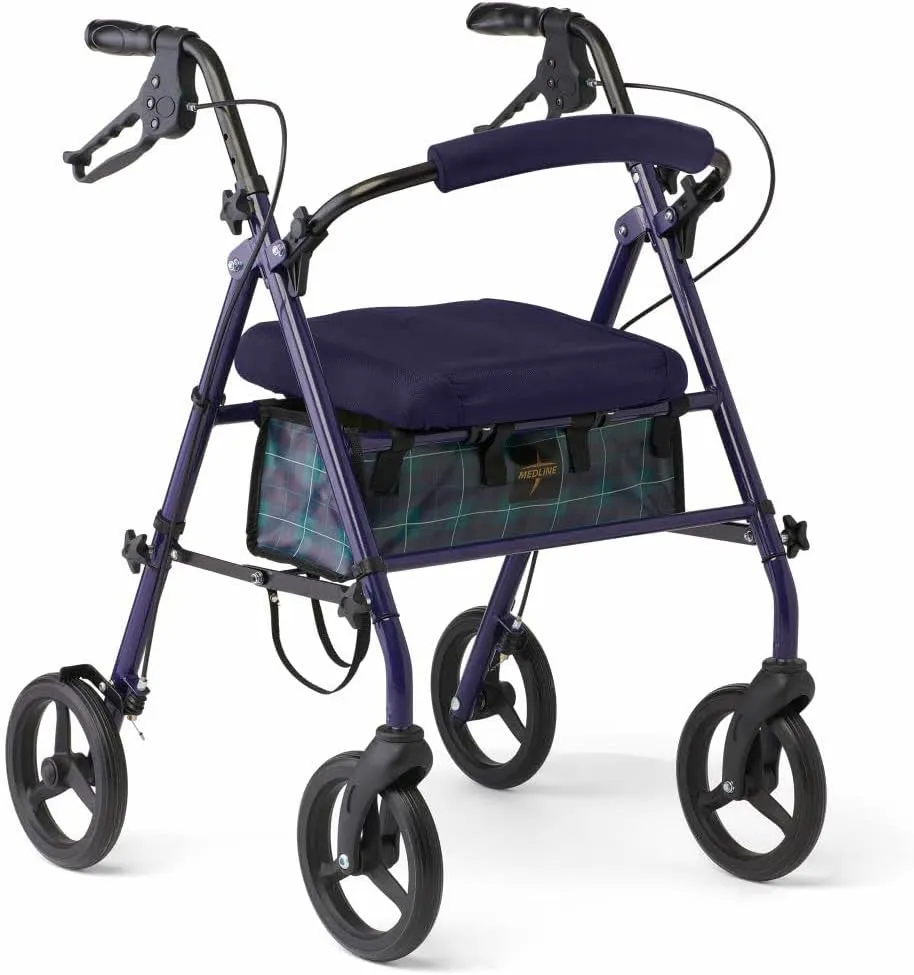 Medline Foldable Steel Rollator with Seat, Microban*, 8" Wheels, 300 lbs. Weight Capacity, Navy - Compact & Portable Mobility Aid for Independence & Comfort