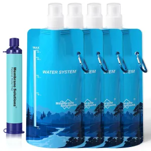 Membrane Solutions Squeezable Water Filtration System, Survival Water Purifier Kit, Portable Backpacking Gear Including Water Filter Straw and 23oz Collapsible Bottle for Hiking Camping Travel(1 4)