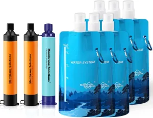 Membrane Solutions Squeezable Water Filtration System, Survival Water Purifier Kit, Portable Backpacking Gear Including Water Filter Straw and 23oz Collapsible Bottle for Hiking Camping Travel(3 6)