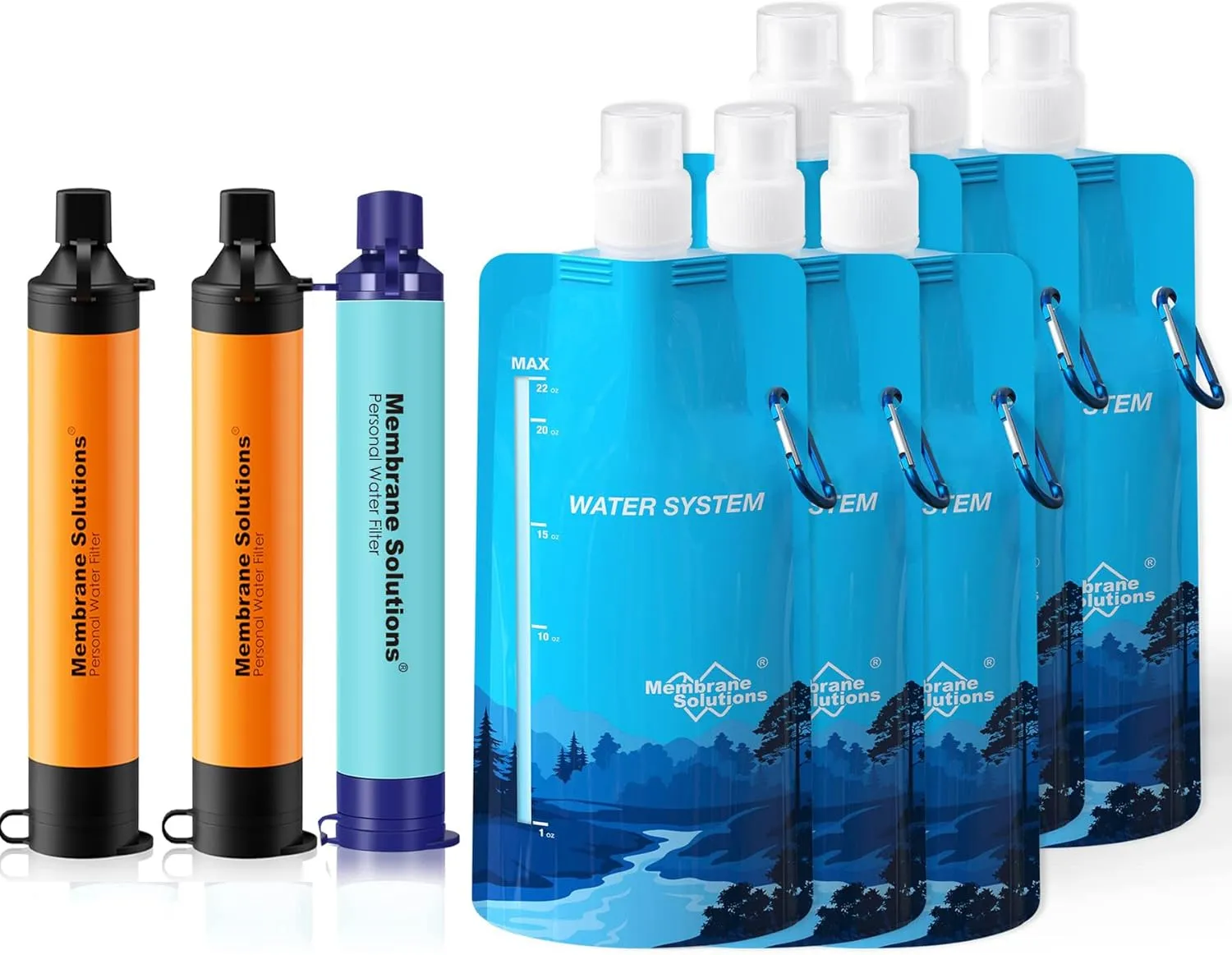 Membrane Solutions Squeezable Water Filtration System, Survival Water Purifier Kit, Portable Backpacking Gear Including Water Filter Straw and 23oz Collapsible Bottle for Hiking Camping Travel(3 6)