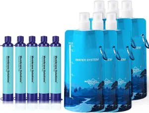 Membrane Solutions Squeezable Water Filtration System, Survival Water Purifier Kit, Portable Backpacking Gear Including Water Filter Straw and 23oz Collapsible Bottle for Hiking Camping Travel(5 6)