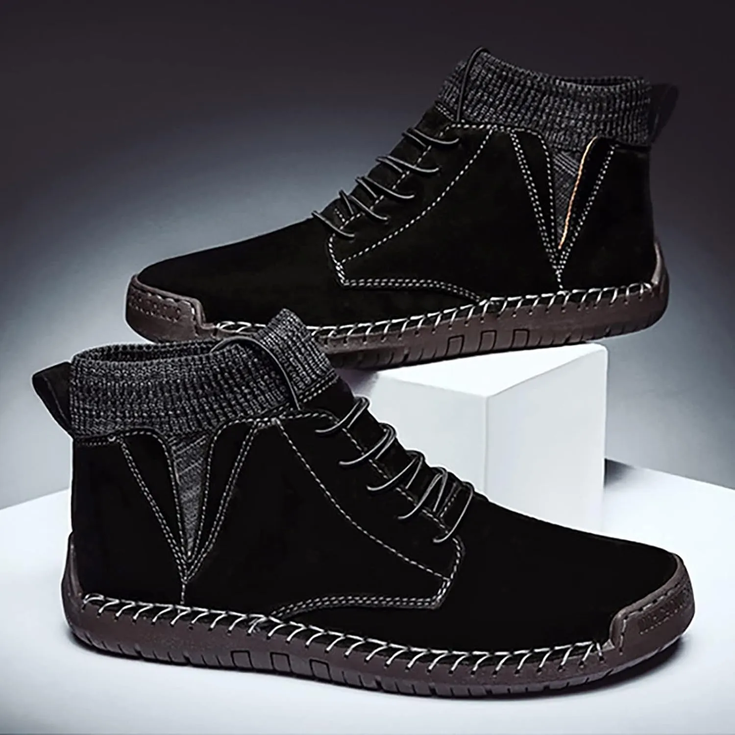 Men's Classic Suede Ankle Boots Lace Up Elastic Winter Boots Soft Flat Soled Walking Boots Mens Shoes 501 Sneaker