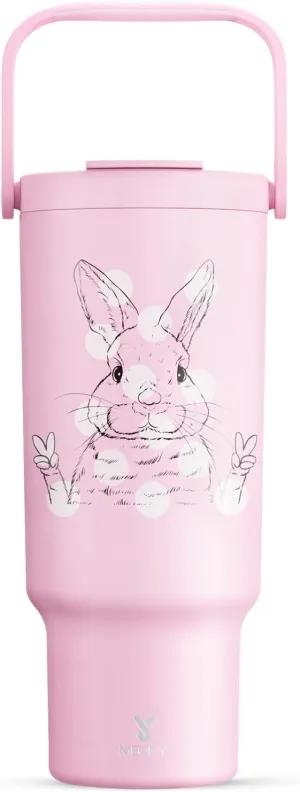 Meoky 40 oz Tumbler with Handle and Straw, Insulated Water Bottle, Stainless Steel Travel Mug, Keeps Cold for 34 Hours, 100% Leak Proof, Fits in Car Cup Holder (Bunny)