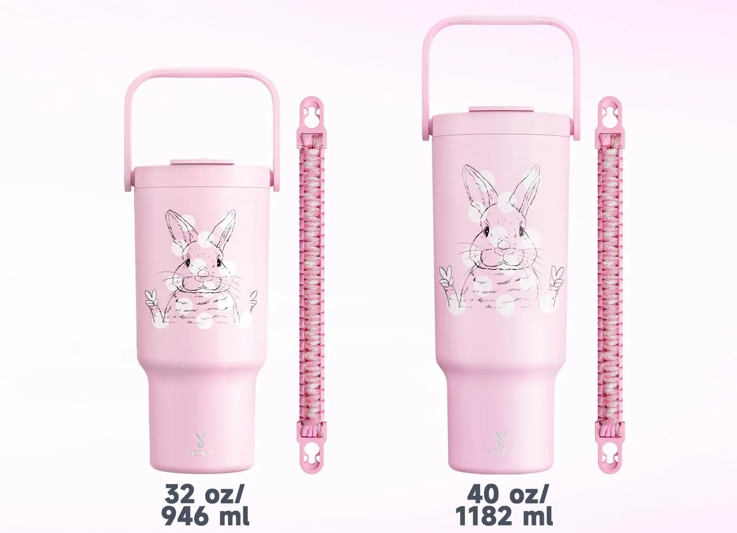 Meoky 40 oz Tumbler with Handle and Straw, Insulated Water Bottle, Stainless Steel Travel Mug, Keeps Cold for 34 Hours, 100% Leak Proof, Fits in Car Cup Holder (Bunny)