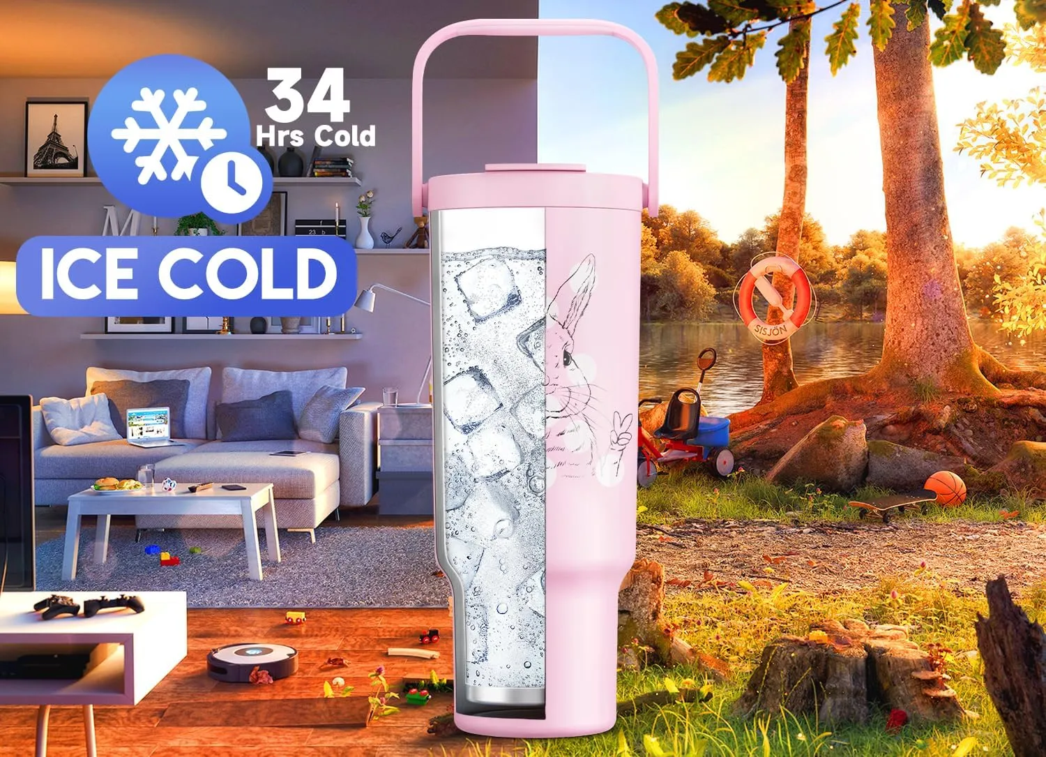 Meoky 40 oz Tumbler with Handle and Straw, Insulated Water Bottle, Stainless Steel Travel Mug, Keeps Cold for 34 Hours, 100% Leak Proof, Fits in Car Cup Holder (Bunny)