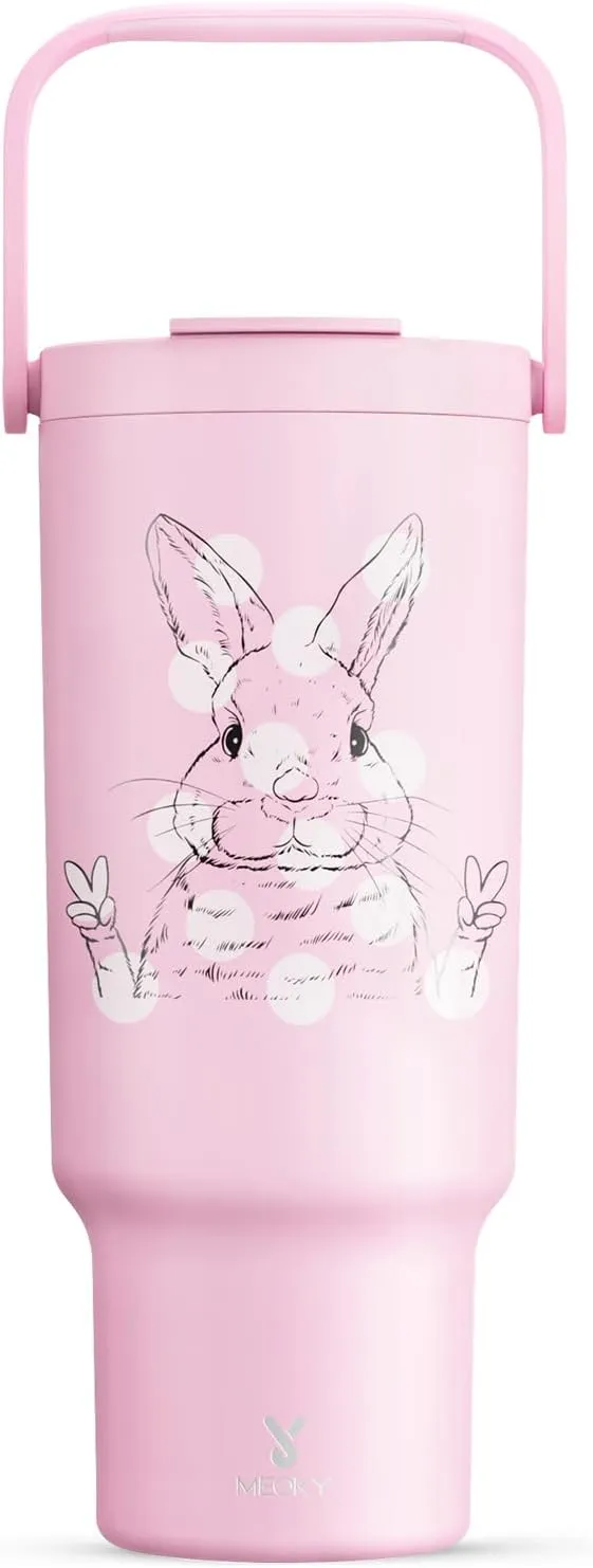 Meoky 40 oz Tumbler with Handle and Straw, Insulated Water Bottle, Stainless Steel Travel Mug, Keeps Cold for 34 Hours, 100% Leak Proof, Fits in Car Cup Holder (Bunny)