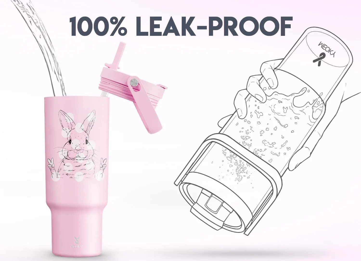 Meoky 40 oz Tumbler with Handle and Straw, Insulated Water Bottle, Stainless Steel Travel Mug, Keeps Cold for 34 Hours, 100% Leak Proof, Fits in Car Cup Holder (Bunny)