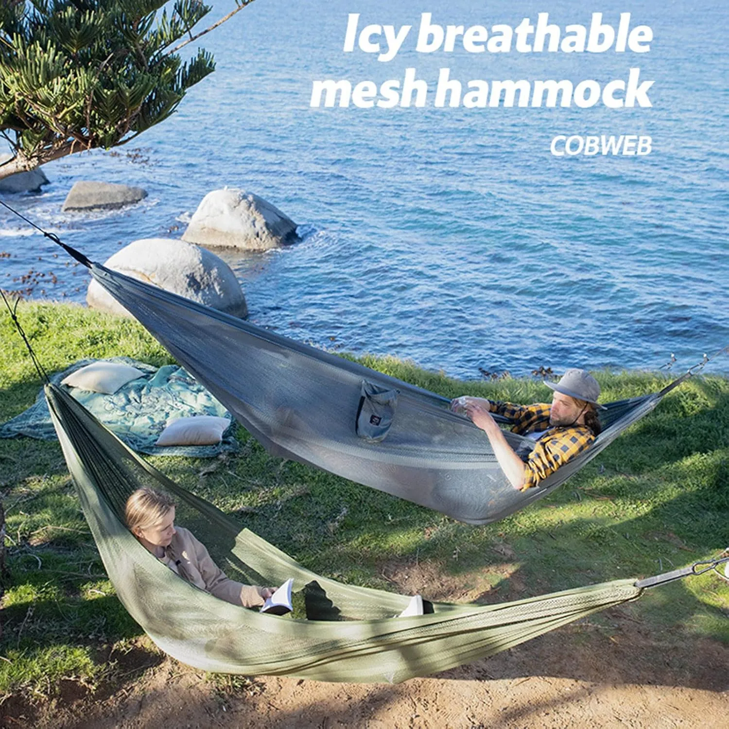 Mesh Hammock, Portable Camping Mesh Hammock, Breathable Lightweight Ice Silk Double & Single Nylon Hammocks, for Outdoor Adventures Camping (290X148cm,Blue)