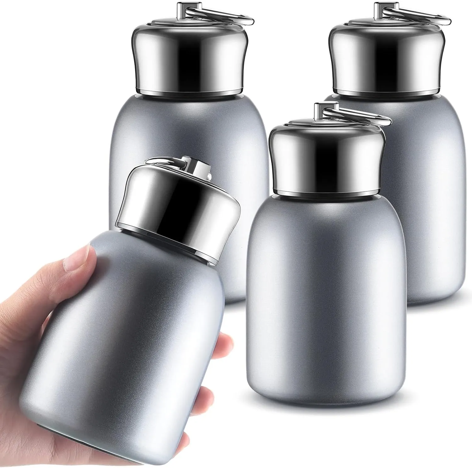 Mifoci 4 Pcs 10oz Mini Stainless Steel Water Bottle Slim Insulated Thermal Small Vacuum Hot Cold Drink Portable Water Bottle for Women Gifts Travel Camping Hiking (Silver)