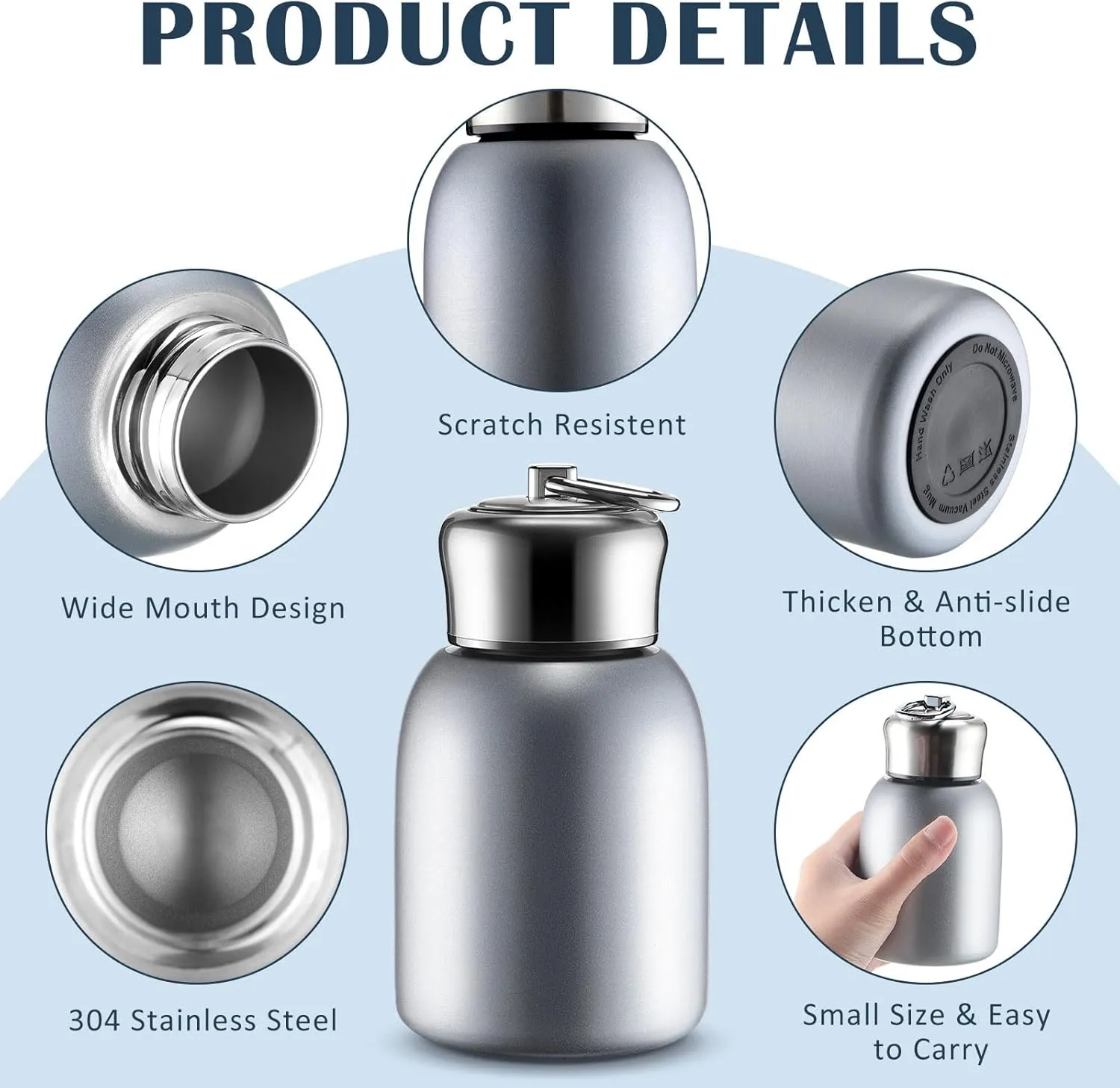 Mifoci 4 Pcs 10oz Mini Stainless Steel Water Bottle Slim Insulated Thermal Small Vacuum Hot Cold Drink Portable Water Bottle for Women Gifts Travel Camping Hiking (Silver)