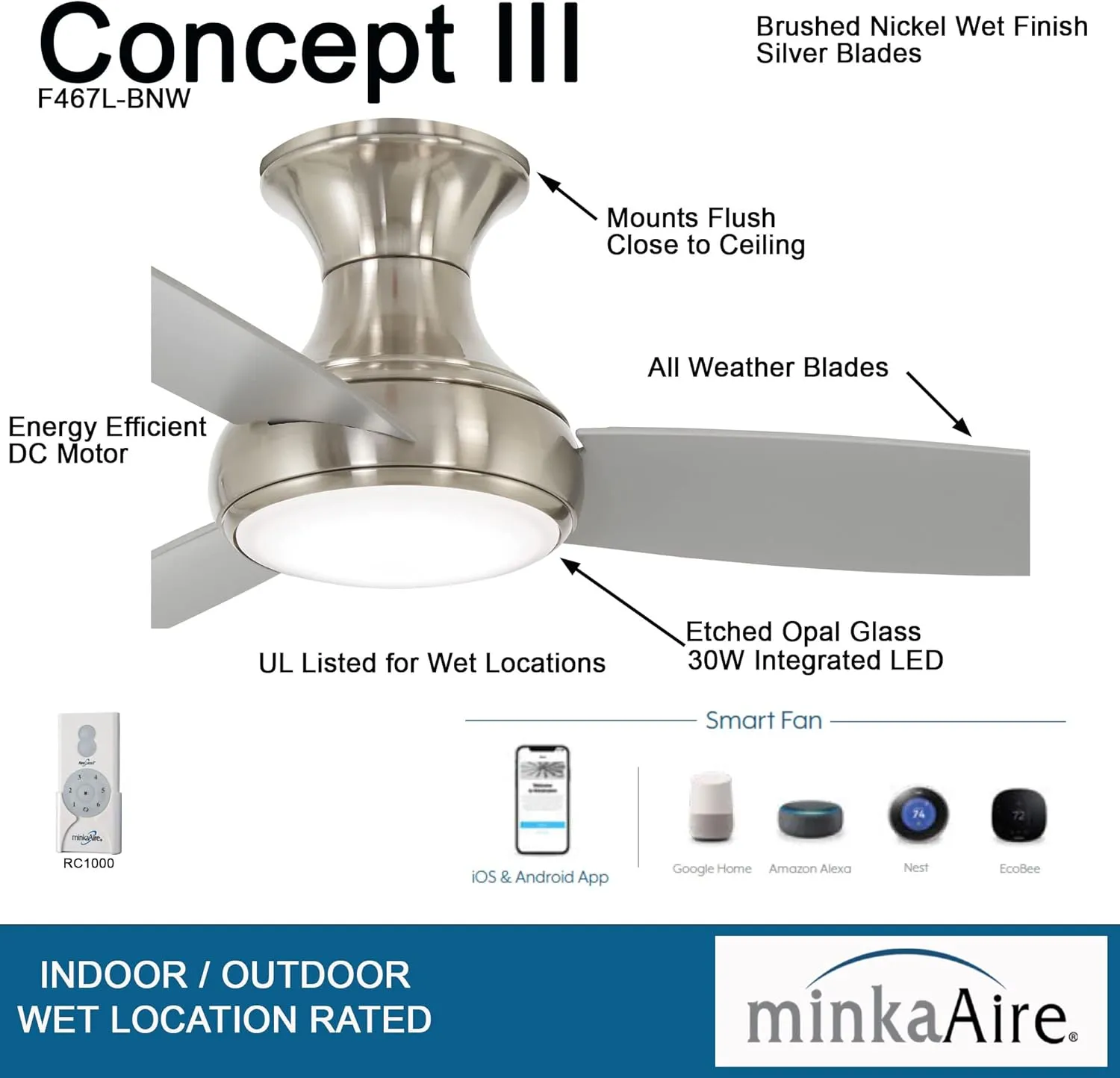 MINKA-AIRE Concept III 54" Hugger Ceiling Fan with LED Light Kit in Brushed Nickel Finish, F467L-BNW