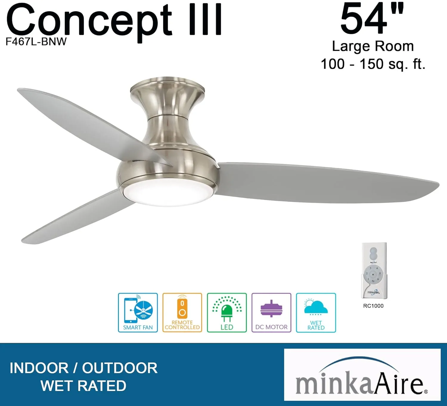 MINKA-AIRE Concept III 54" Hugger Ceiling Fan with LED Light Kit in Brushed Nickel Finish, F467L-BNW