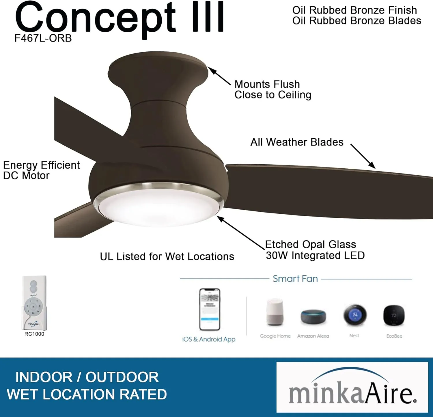 MINKA-AIRE Concept III 54" Hugger Ceiling Fan with LED Light Kit in Oil-Rubbed Bronze Finish, F467L-ORB