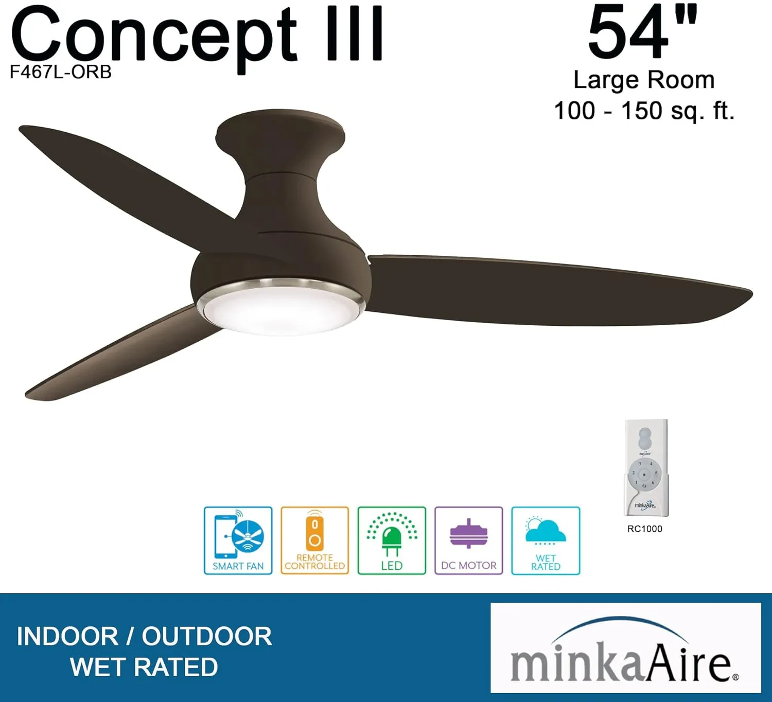 MINKA-AIRE Concept III 54" Hugger Ceiling Fan with LED Light Kit in Oil-Rubbed Bronze Finish, F467L-ORB