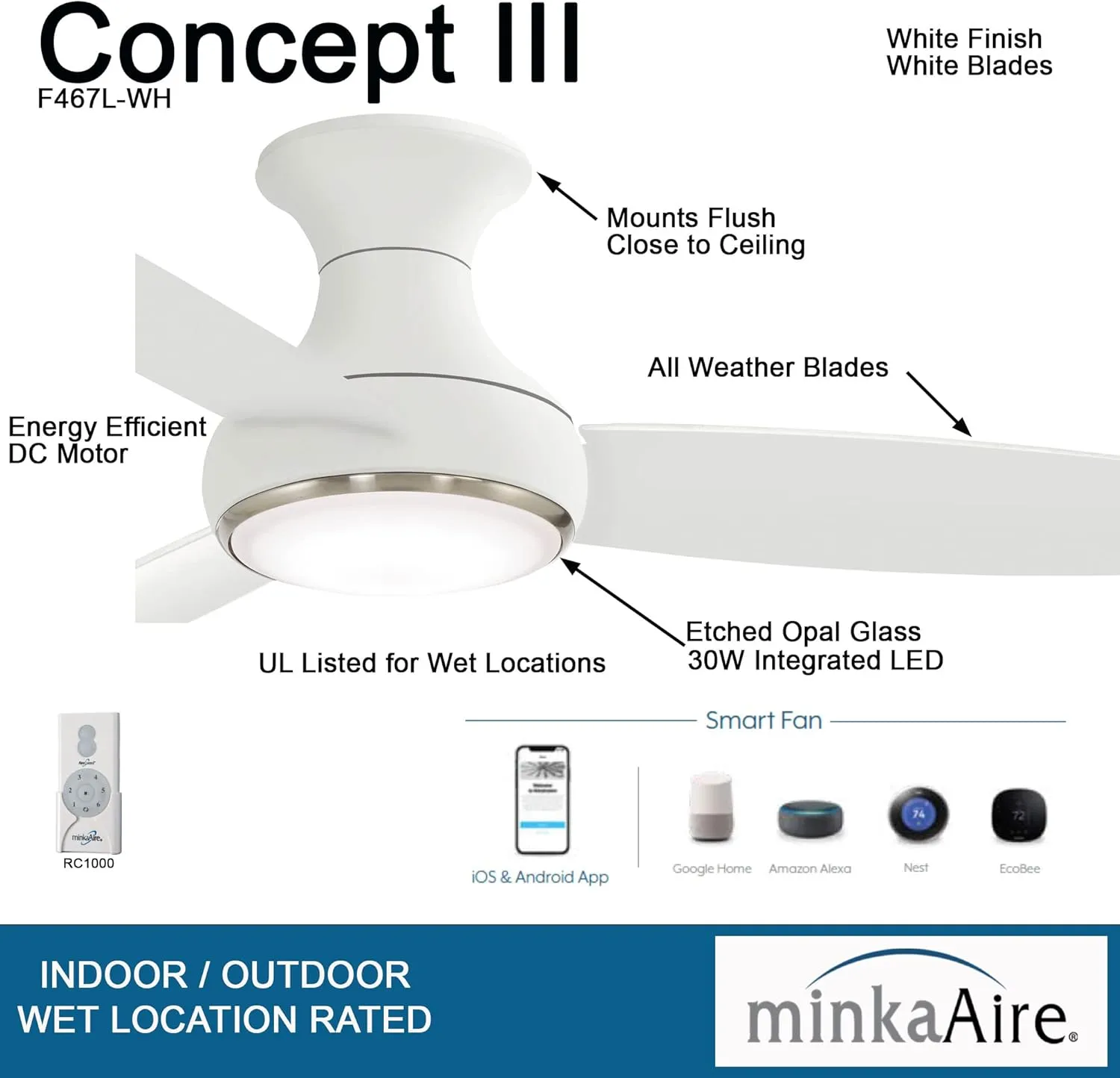MINKA-AIRE Concept III 54" Hugger Ceiling Fan with LED Light Kit in White Finish, F467L-WH