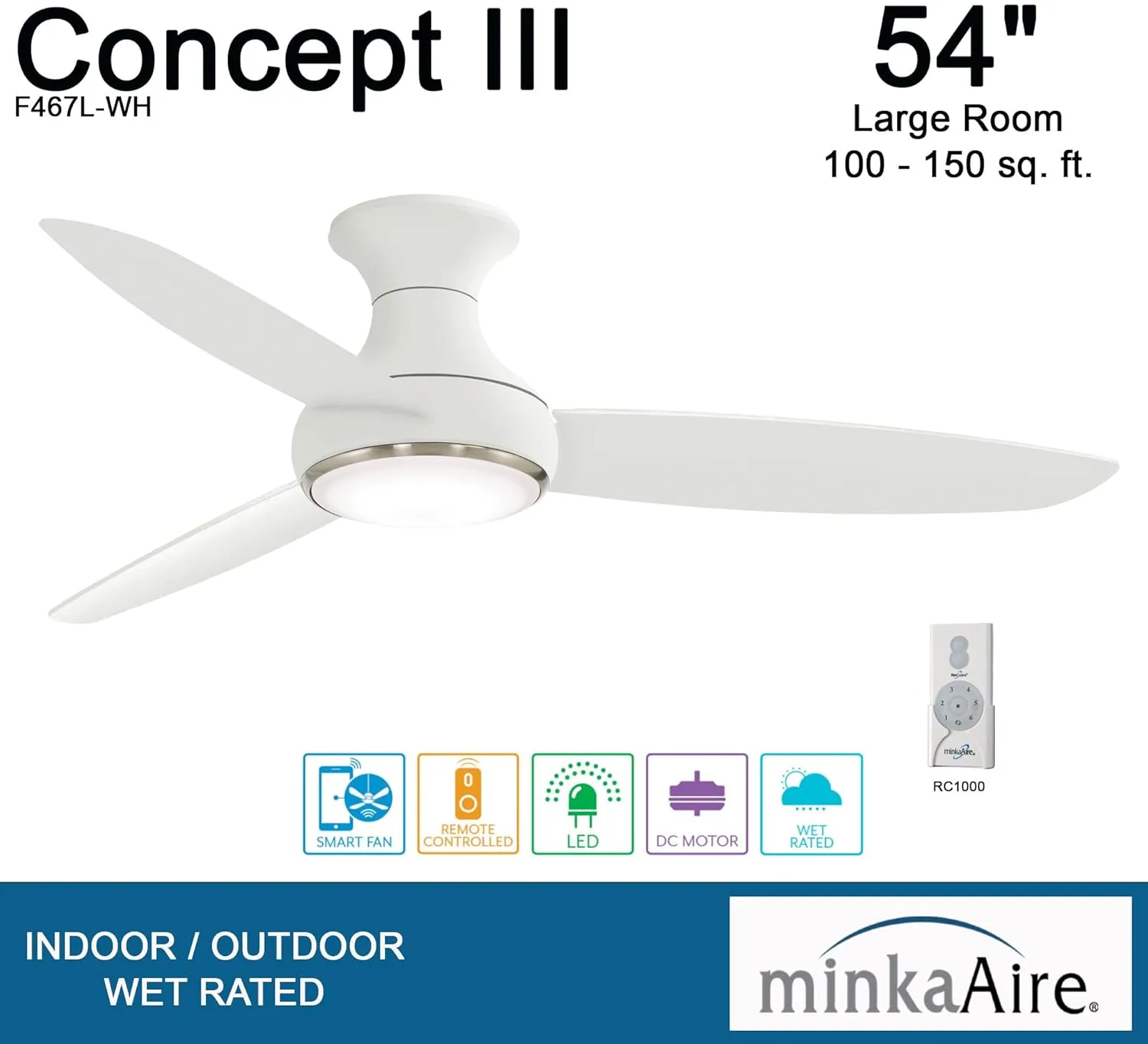 MINKA-AIRE Concept III 54" Hugger Ceiling Fan with LED Light Kit in White Finish, F467L-WH