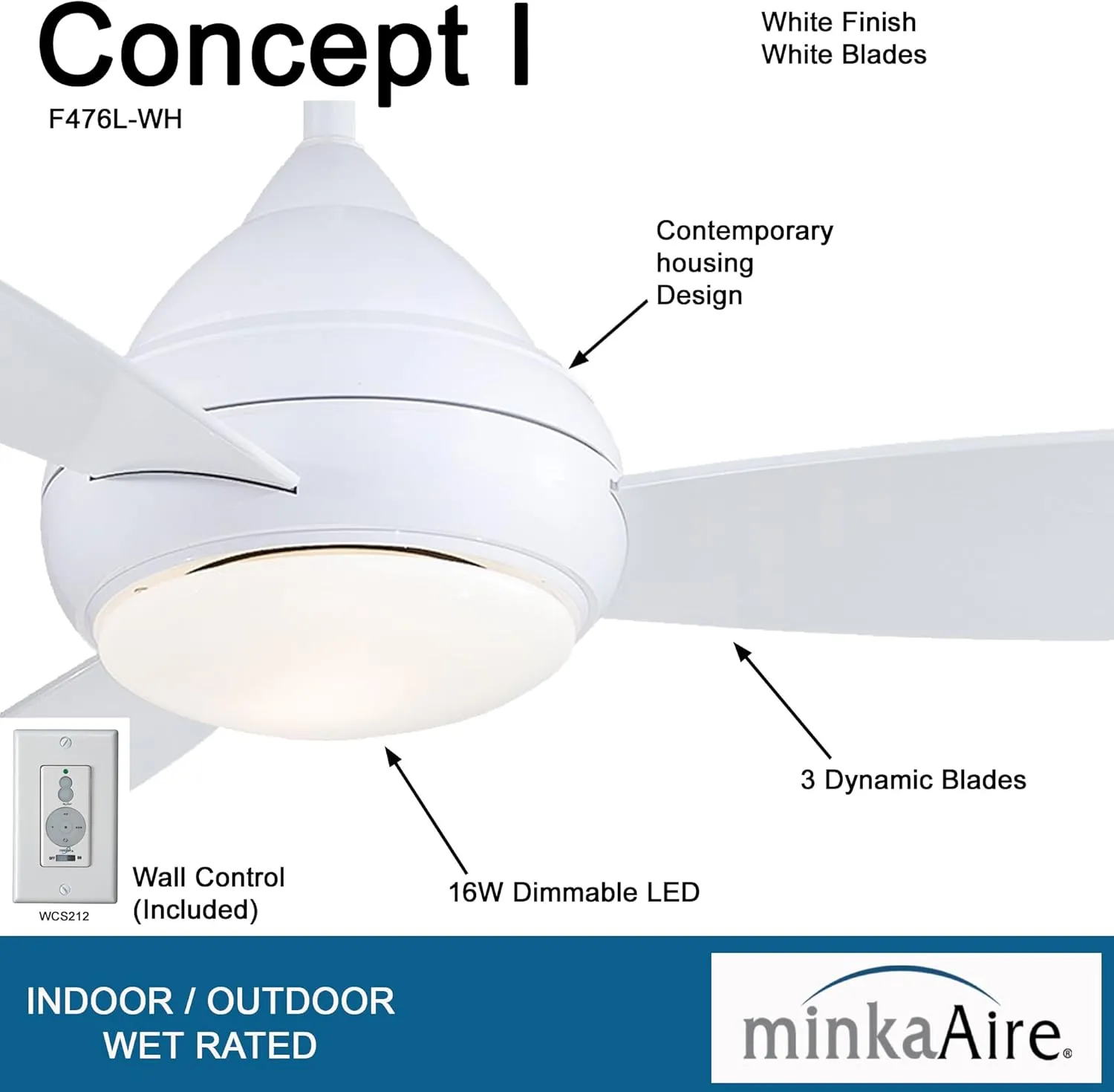 MINKA-AIRE F476L-WH Concept I Wet 52 Inch Outdoor Ceiling Fan with Integrated 14W LED Light in White Finish