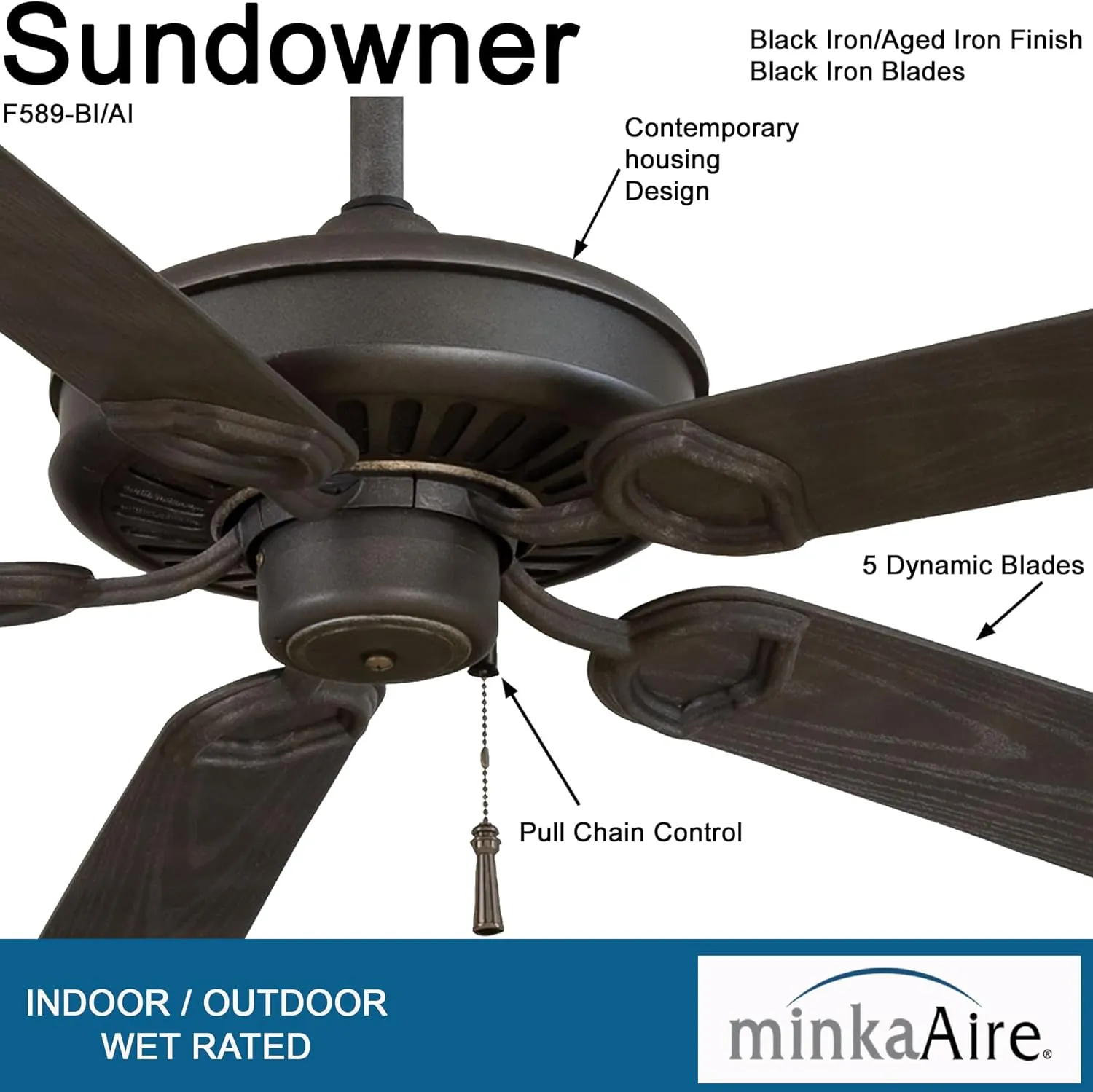 Minka-Aire F589-BI/AI Sundowner 54 Inch Outdoor Pull Chain Ceiling Fan in Black Iron with Aged Iron Accents Finish