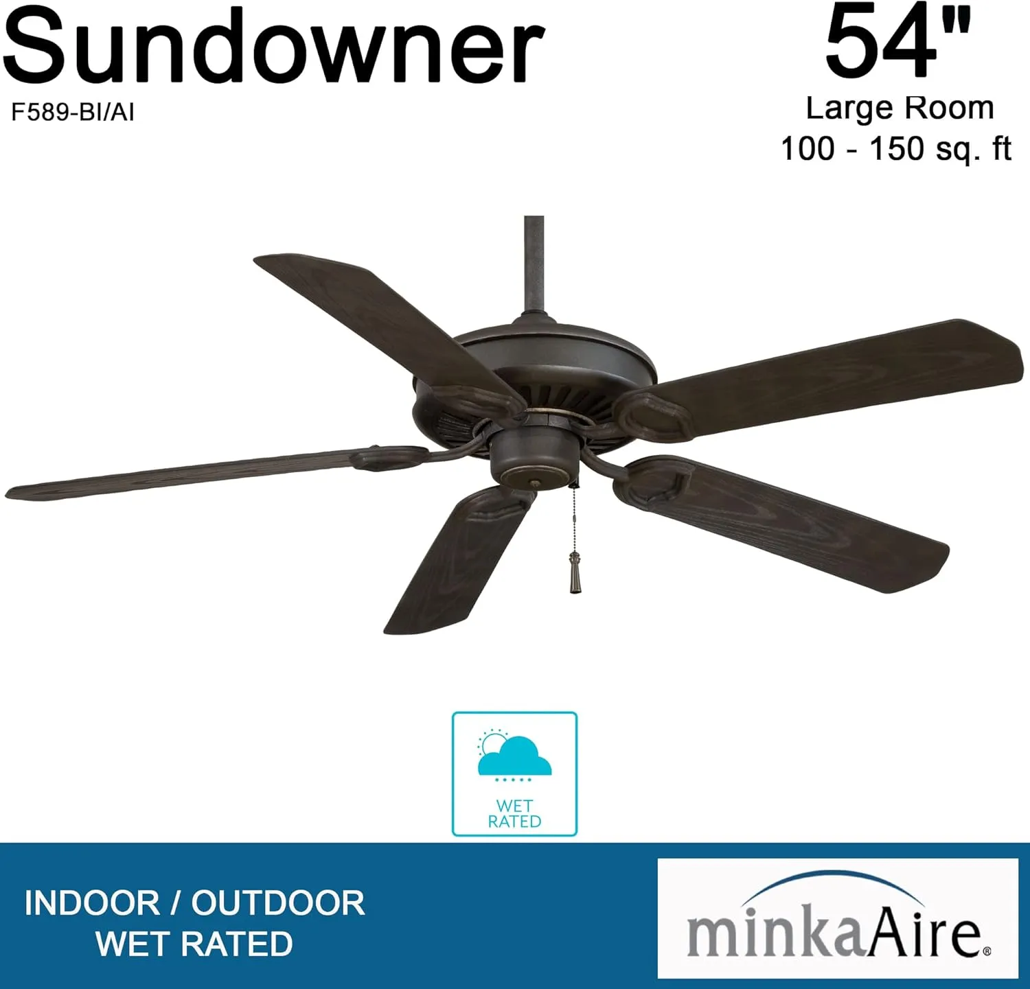 Minka-Aire F589-BI/AI Sundowner 54 Inch Outdoor Pull Chain Ceiling Fan in Black Iron with Aged Iron Accents Finish