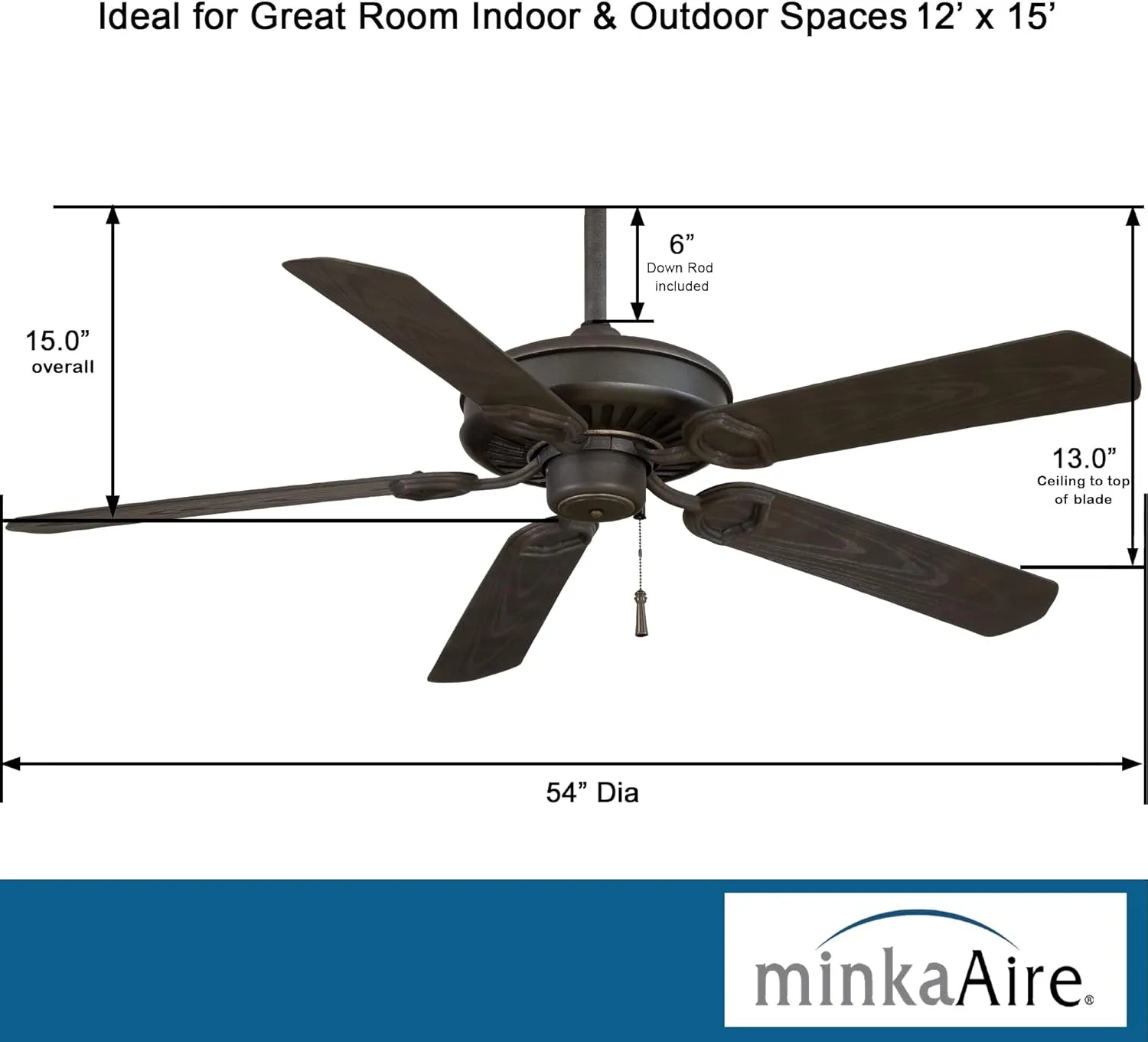 Minka-Aire F589-BI/AI Sundowner 54 Inch Outdoor Pull Chain Ceiling Fan in Black Iron with Aged Iron Accents Finish