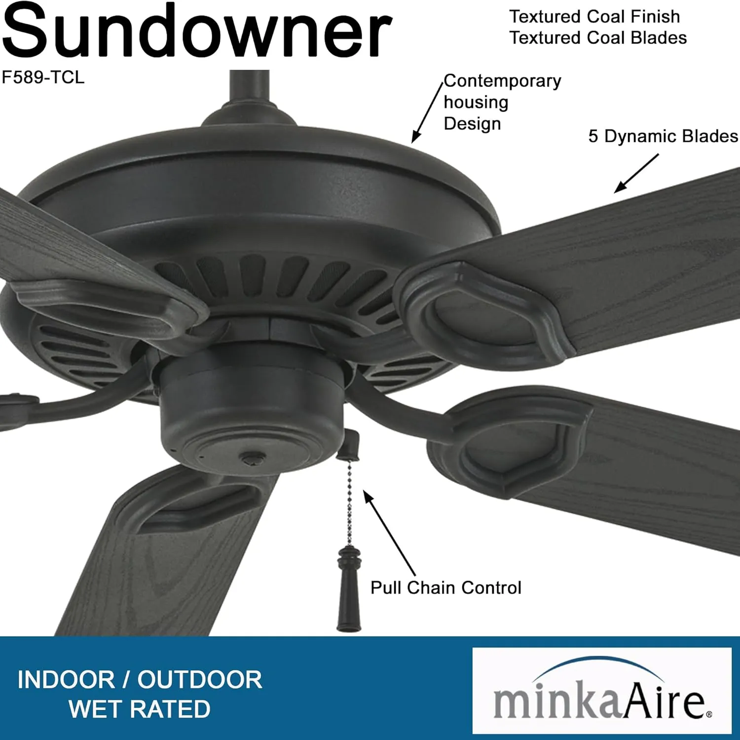 Minka-Aire F589-TCL Sundowner 54 Inch Outdoor Pull Chain Ceiling Fan in Textured Coal Finish