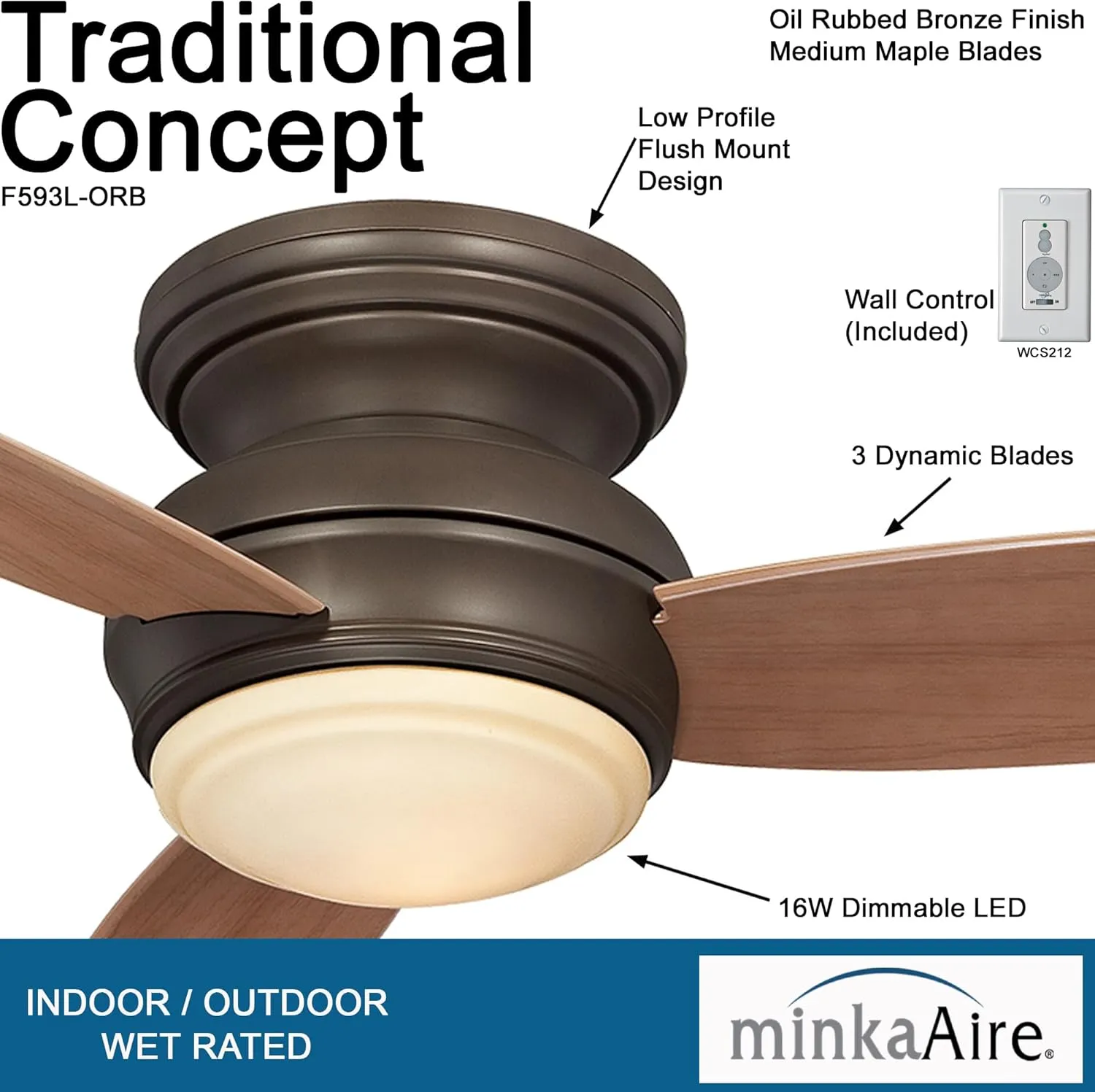 Minka-Aire F593L-ORB Tradtional Concept 44 Inch Flush Mount Ceiling Fan with Integrated 14W LED Light in Oil Rubbed Bronze Finish
