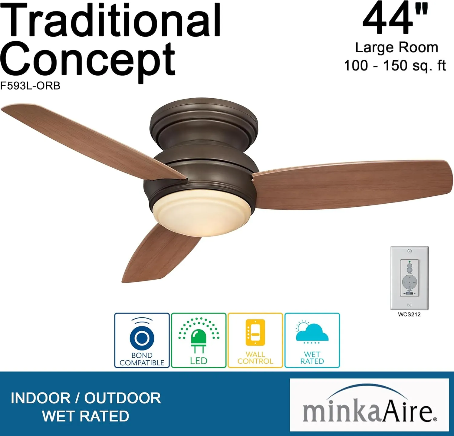Minka-Aire F593L-ORB Tradtional Concept 44 Inch Flush Mount Ceiling Fan with Integrated 14W LED Light in Oil Rubbed Bronze Finish