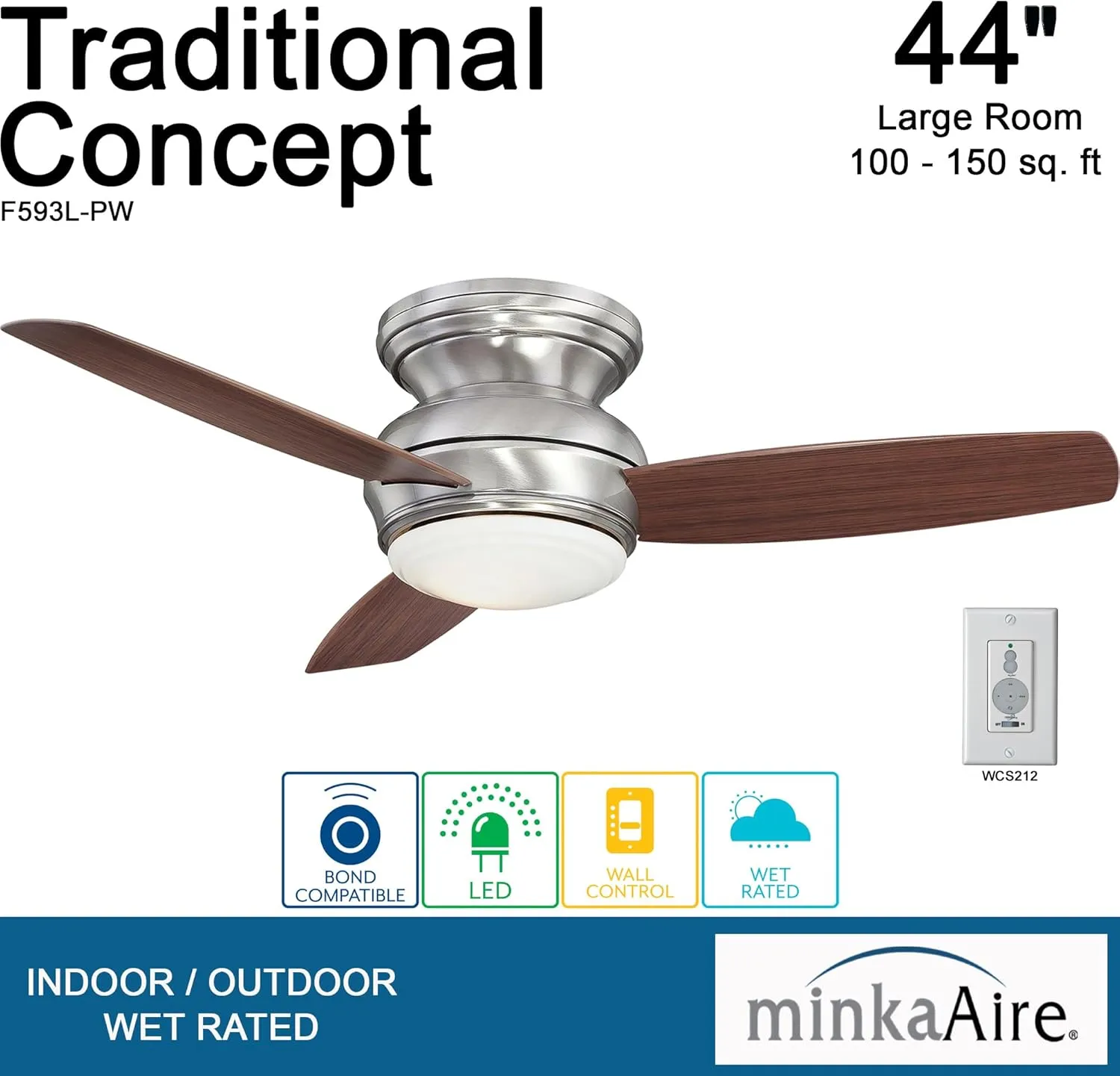 Minka-Aire F593L-PW Tradtional Concept 44 Inch Flush Mount Ceiling Fan with Integrated 14W LED Light in Pewter Finish