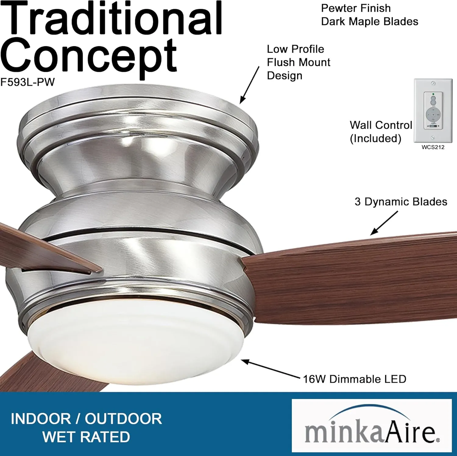 Minka-Aire F593L-PW Tradtional Concept 44 Inch Flush Mount Ceiling Fan with Integrated 14W LED Light in Pewter Finish