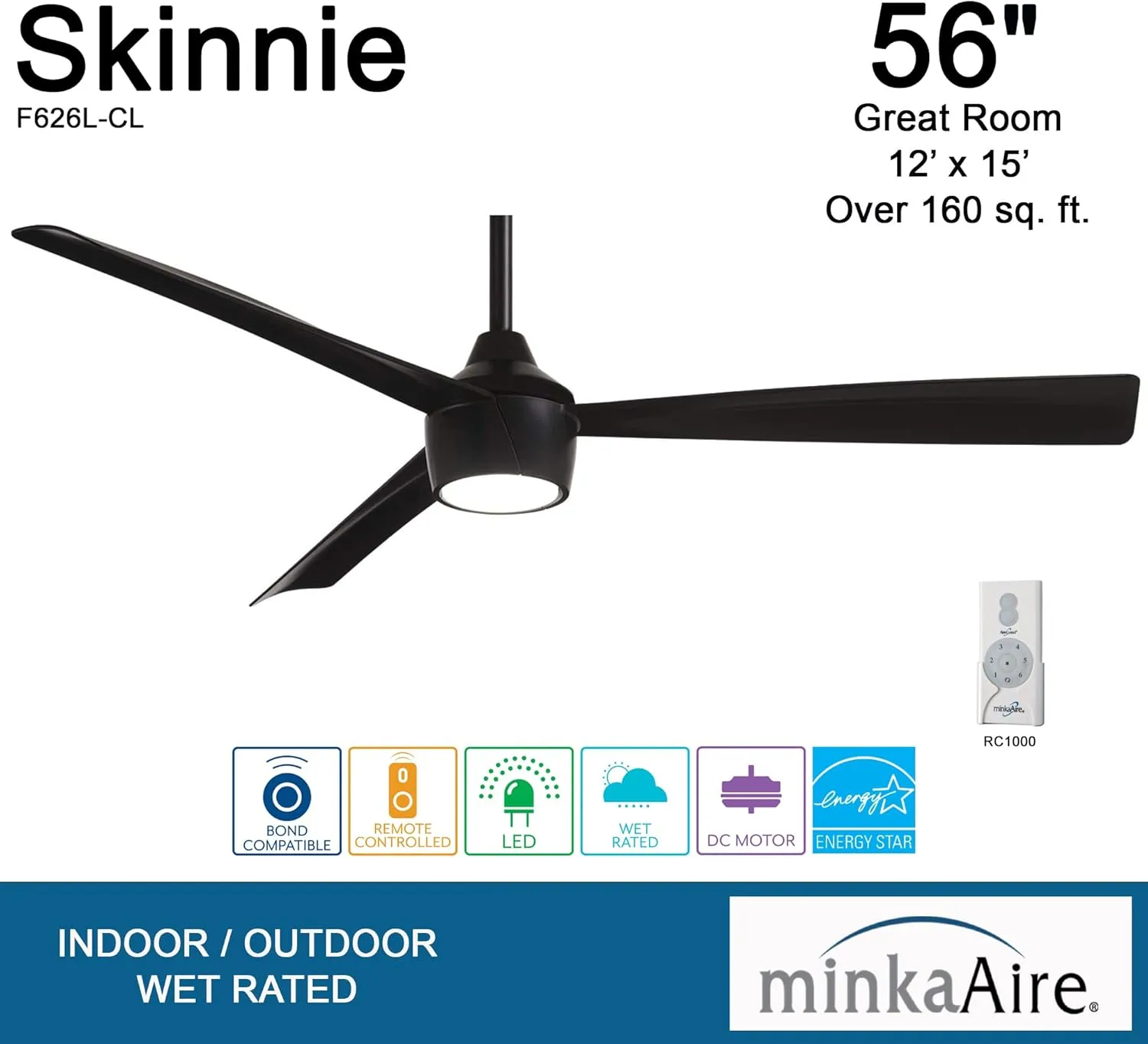 MINKA-AIRE F626L-CL Skinnie 56" Ceiling Fan with Integrated LED Light in Coal Finish