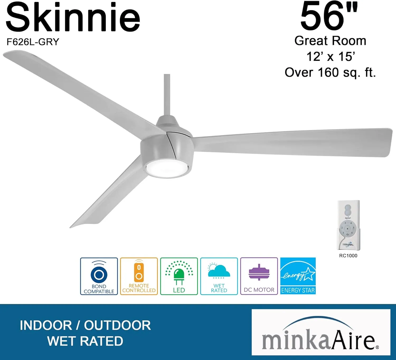 MINKA-AIRE F626L-GRY Skinnie 56" Ceiling Fan with Integrated LED Light in Grey Finish