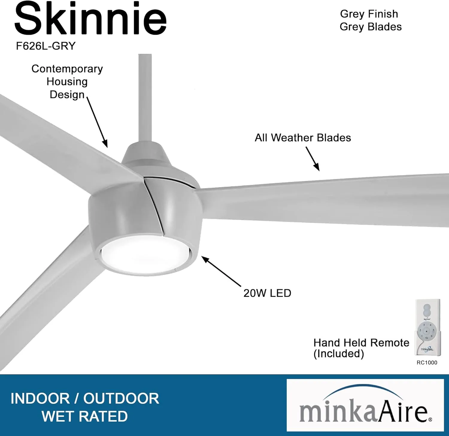 MINKA-AIRE F626L-GRY Skinnie 56" Ceiling Fan with Integrated LED Light in Grey Finish