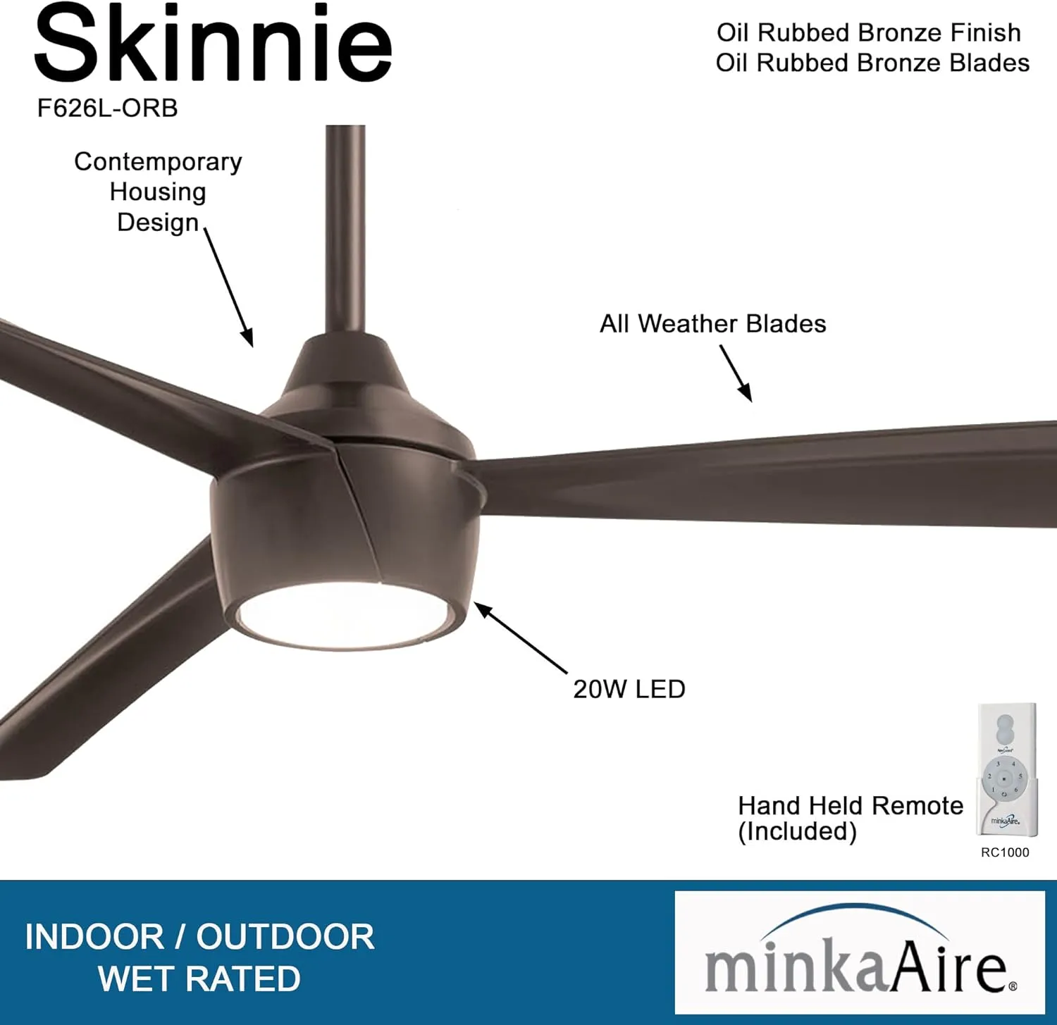 MINKA-AIRE F626L-ORB Skinnie 56" Ceiling Fan with Integrated LED Light in Oil Rubbed Bronze Finish