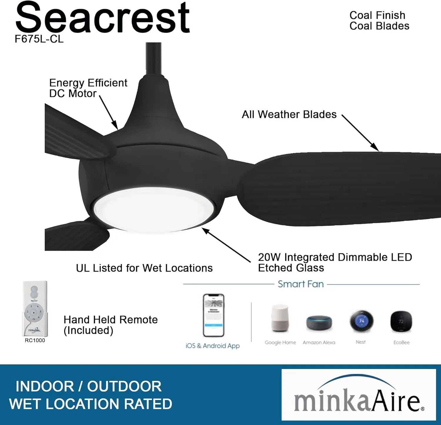 Minka-Aire F675L-CL Seacrest 60" Outdoor Ceiling Fan with Remote, Coal