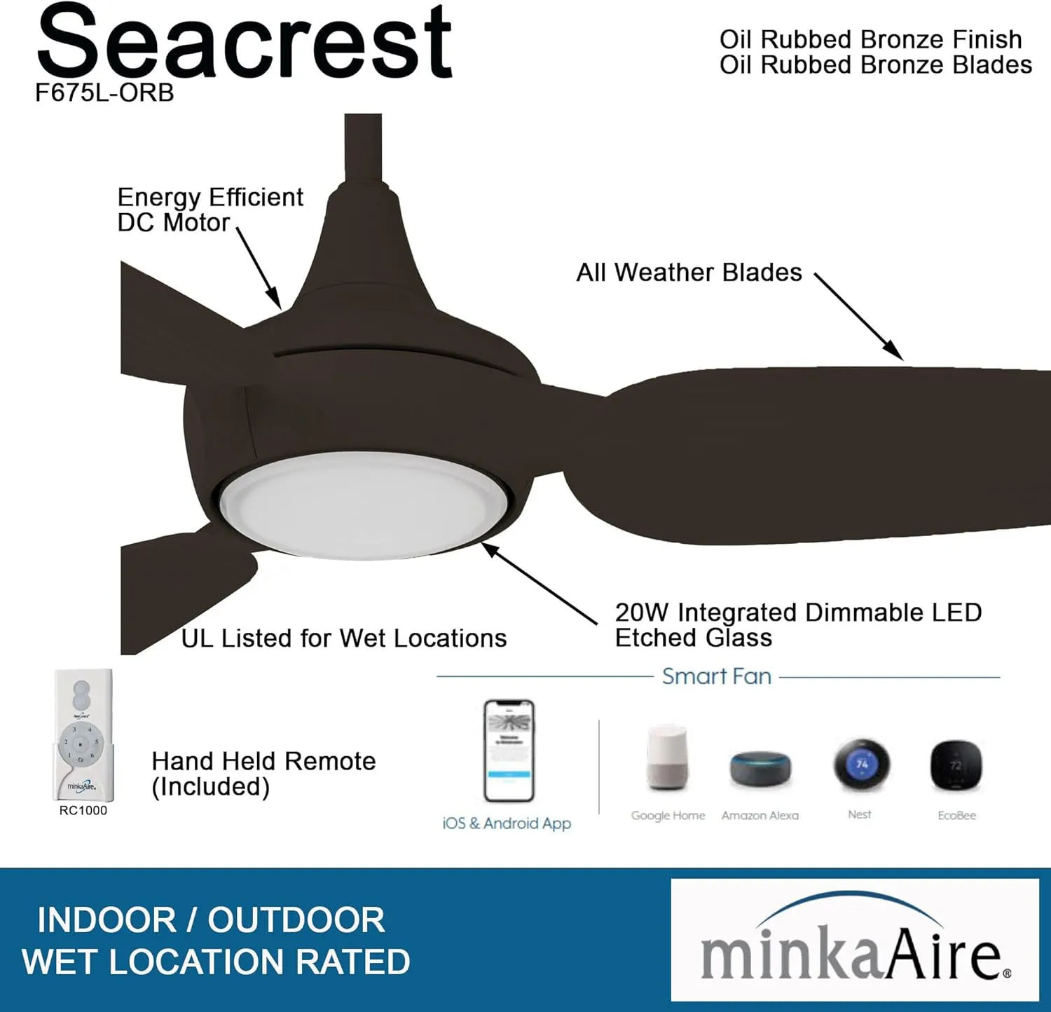 Minka Aire F675L-ORB Seacrest 60" Ceiling Fan with LED Lights & Remote Control, Oil Rubbed Bronze