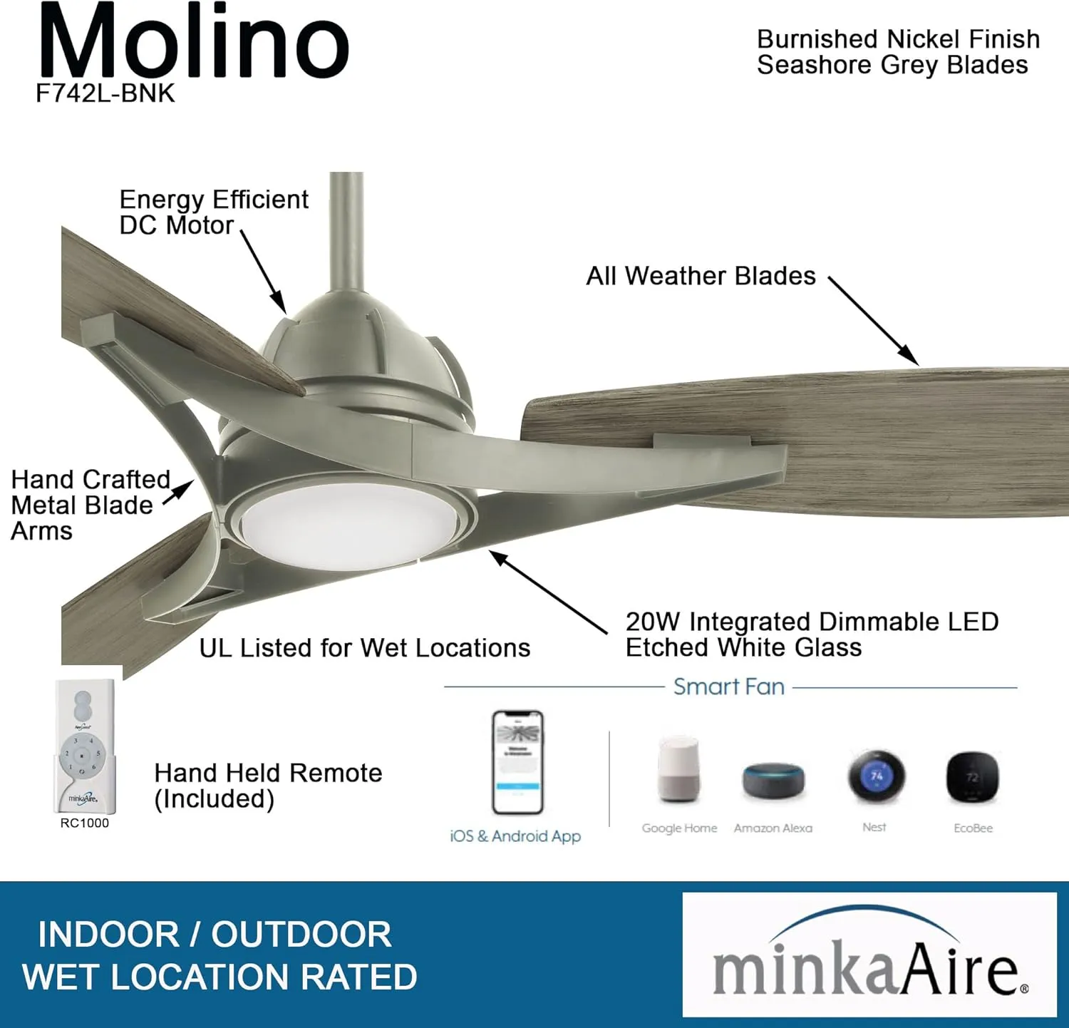 Minka-Aire F742L-BNK Molino 65" Ceiling Fan with LED Lights, Burnished Nickel